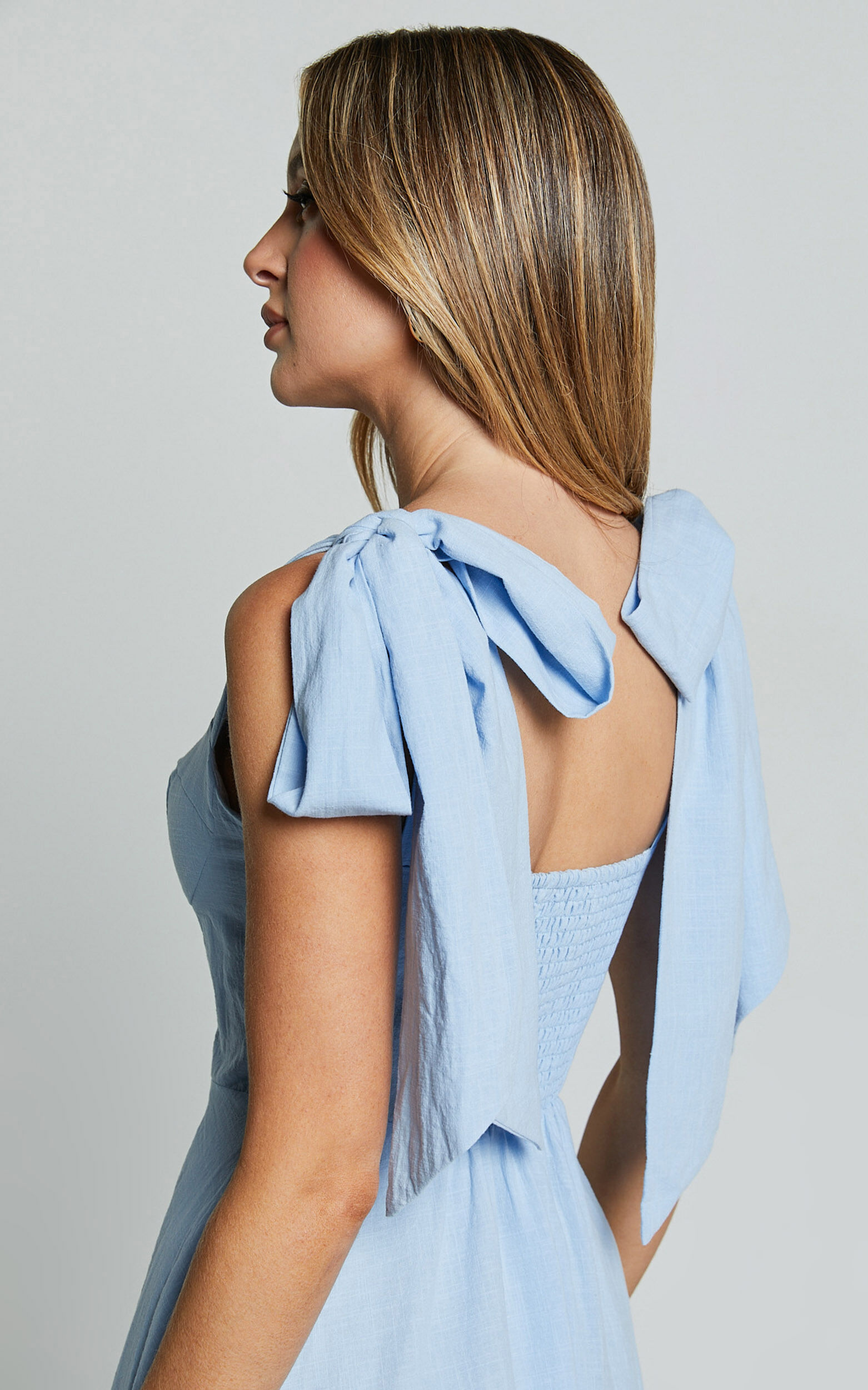 Tymia Midi Dress - Shoulder Tie Bustier Shirred Back A Line in Pastel Blue