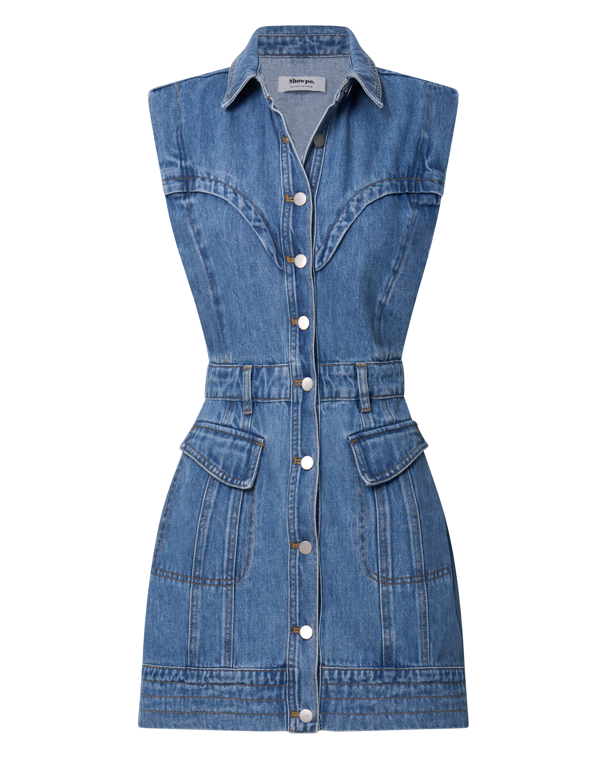 Jasse Mini Dress - Button Through Denim Dress in Mid Blue Wash