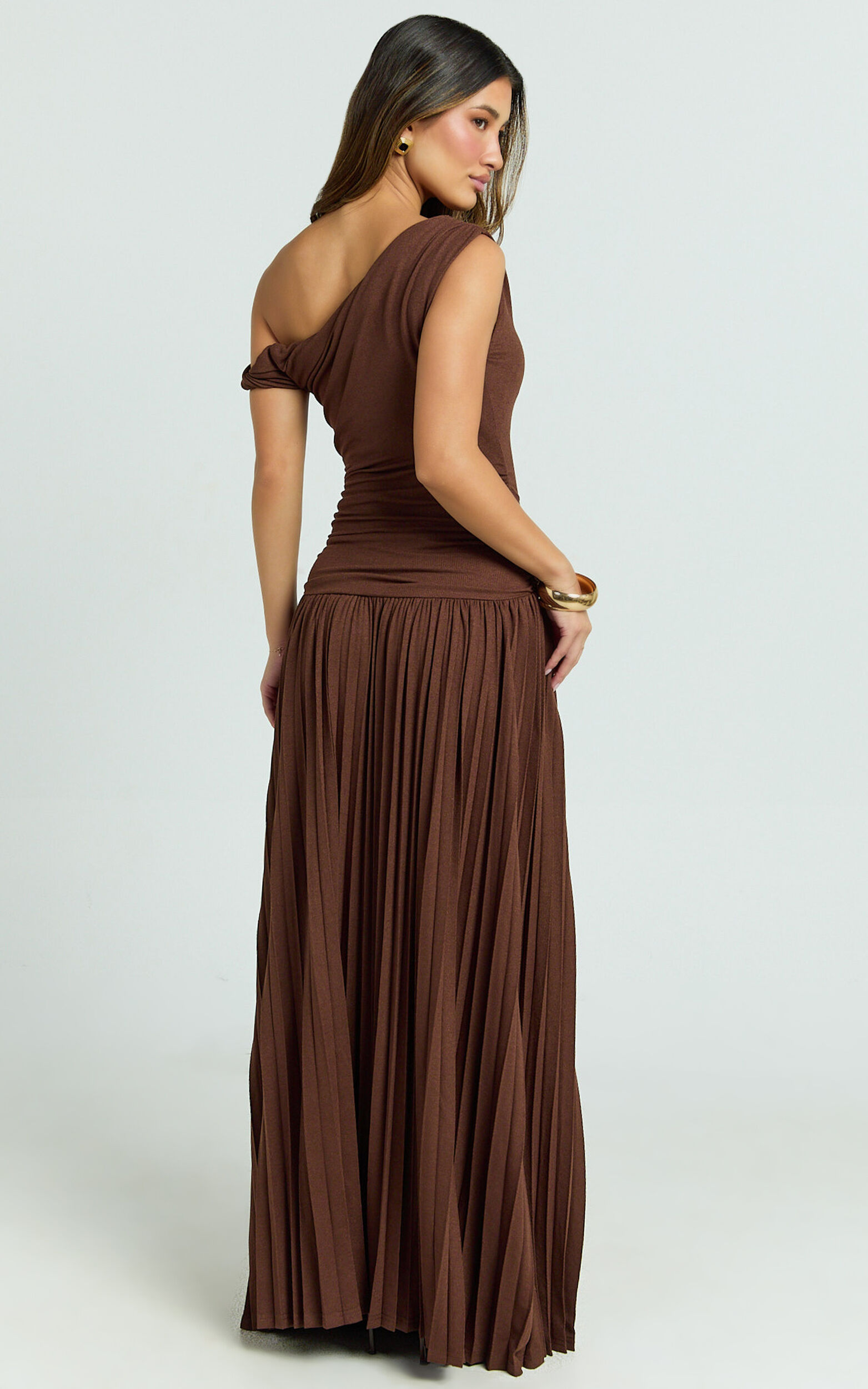 Yvonne Maxi Dress - Jersey Tip Shoulder Ruched Dress in Chocolate