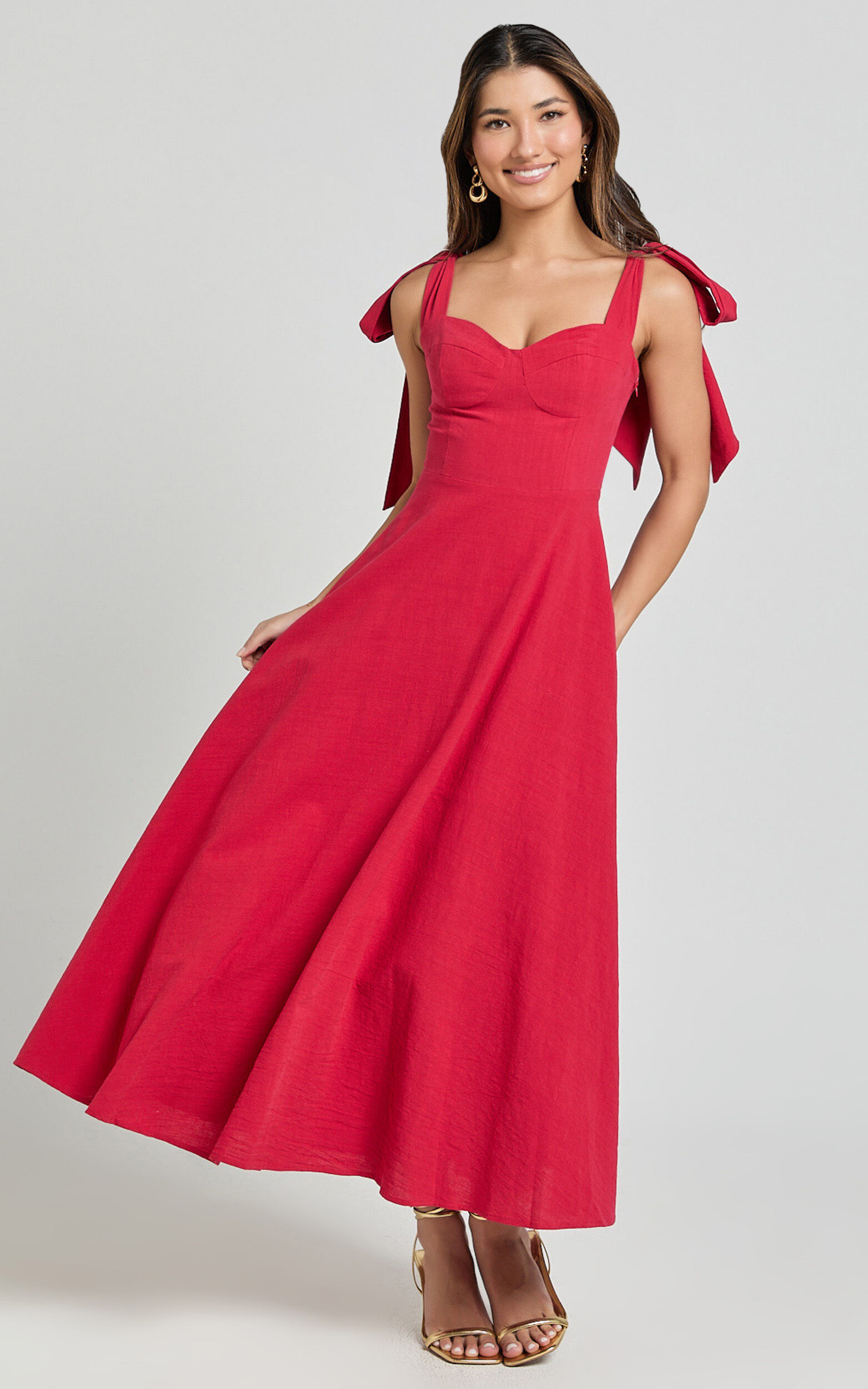 Tymia Midi Dress - Shoulder Tie Bustier Shirred Back A Line in Red