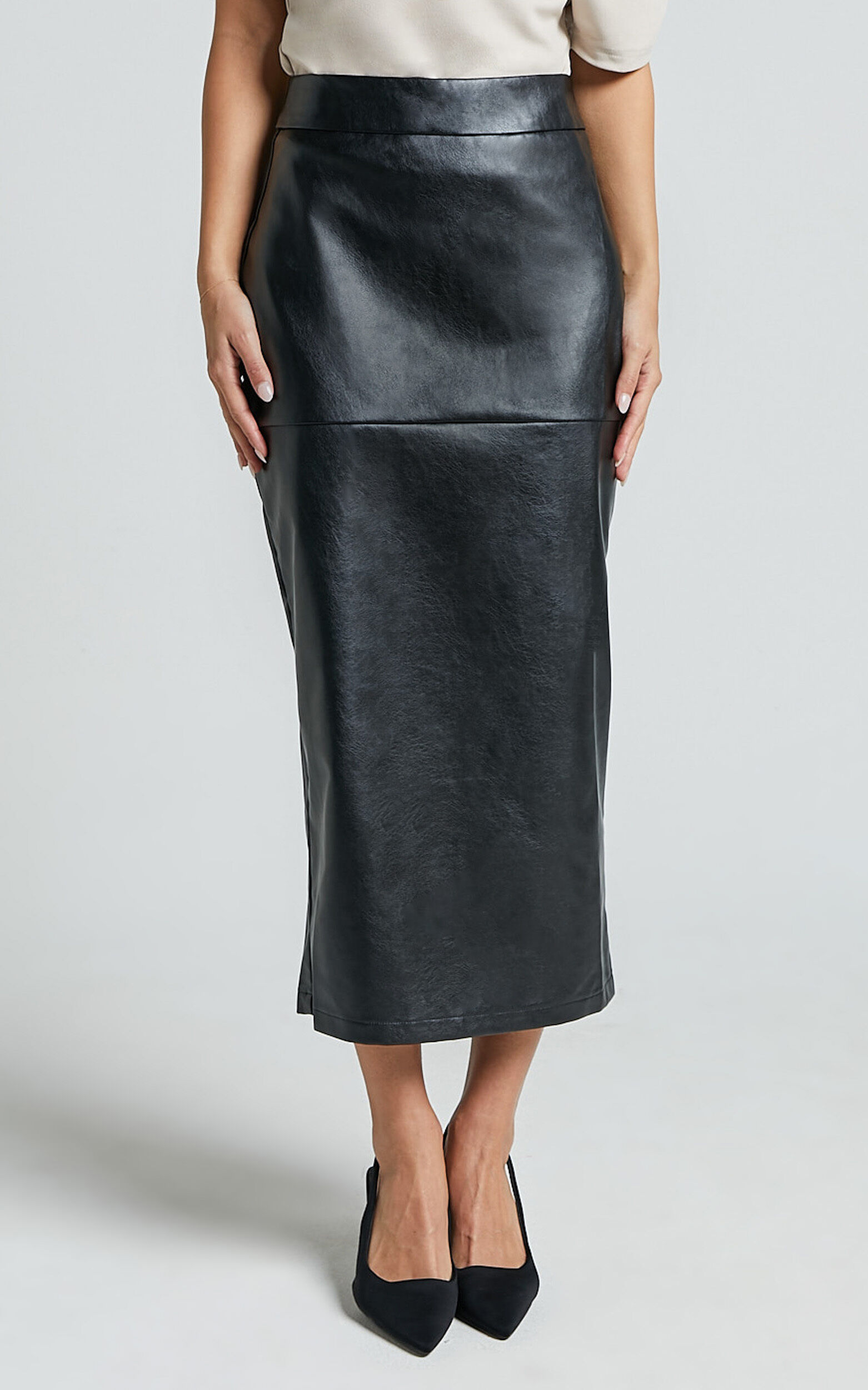 Emma Midi Skirt - High Waisted Faux Leather Skirt in Black