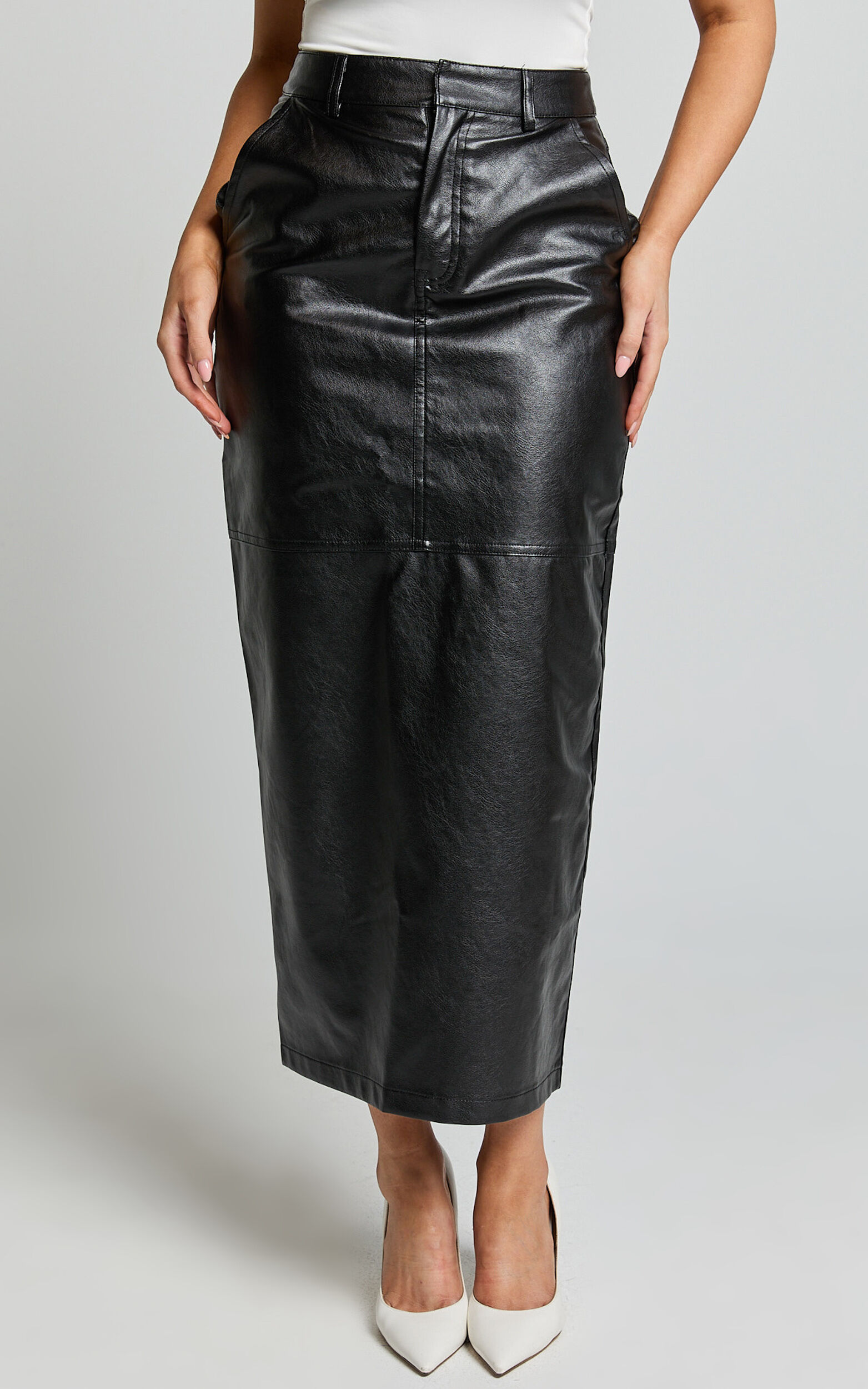 Victoria Midi Skirt - Mid Waisted Back Split Faux Leather Skirt in Black