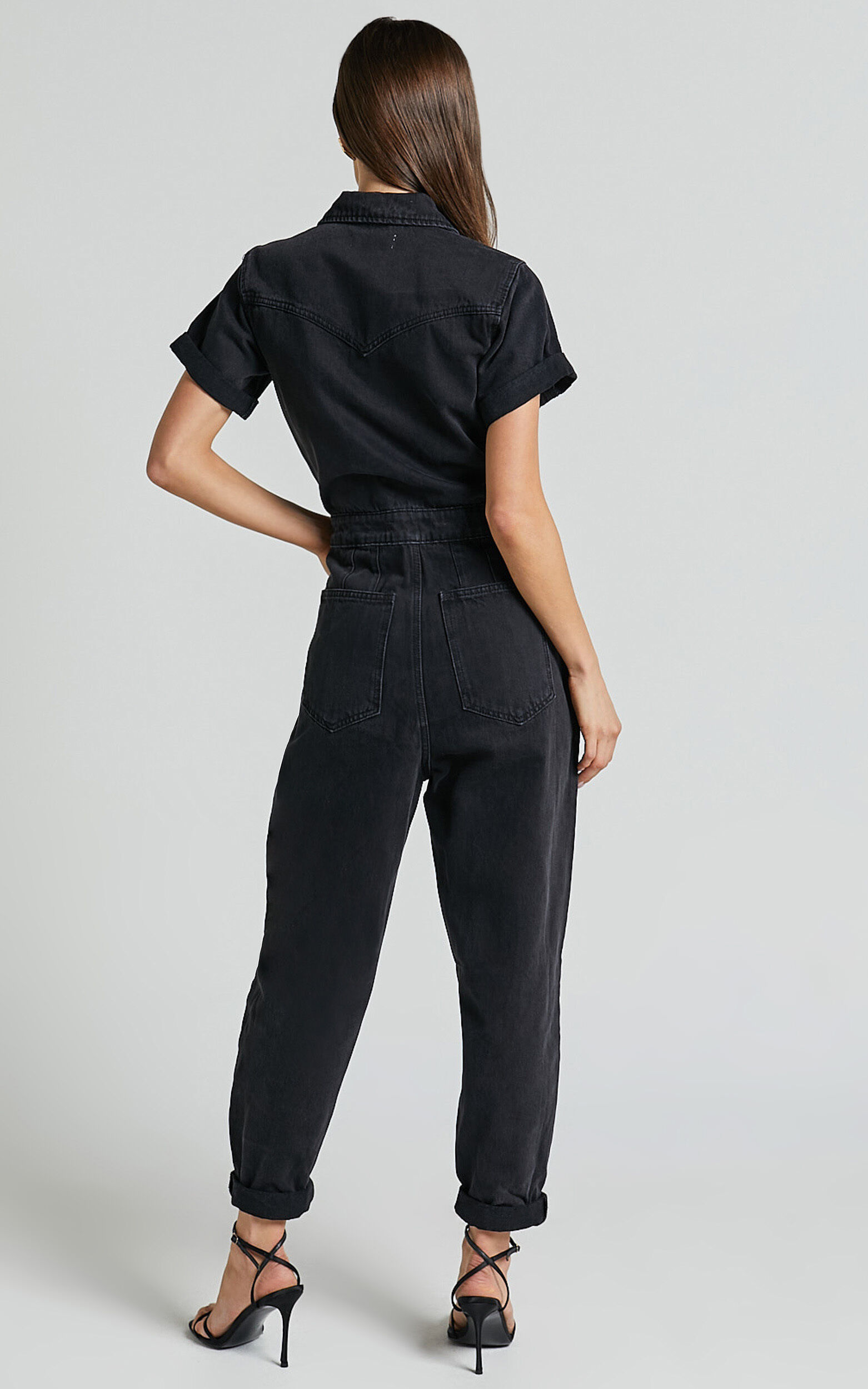 Jordyn Jumpsuit - Short Sleeve Collared Button Through Denim Jumpsuit in Black Wash
