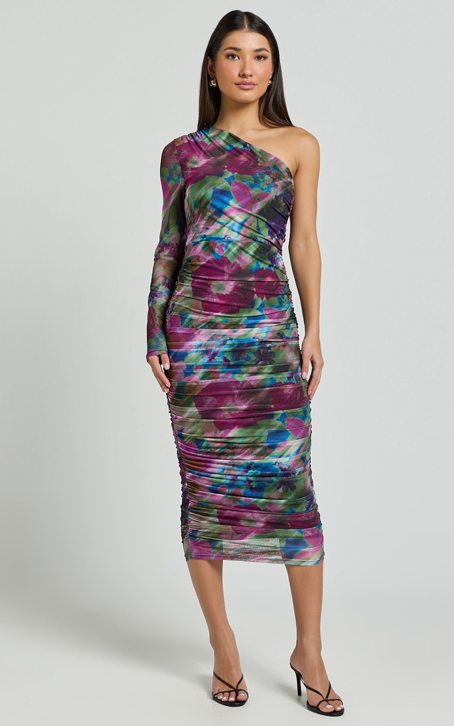 Pepper Midi Dress - One Shoulder Ruched Mesh Dress in Ethereal Iris Print