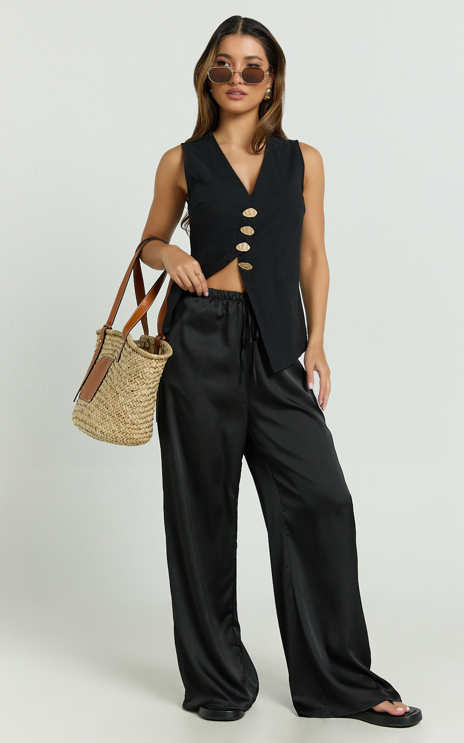 Myrna Two Piece Set - Gold Hardware Waistcoat Top and Relaxed Satin Pants Set in Black