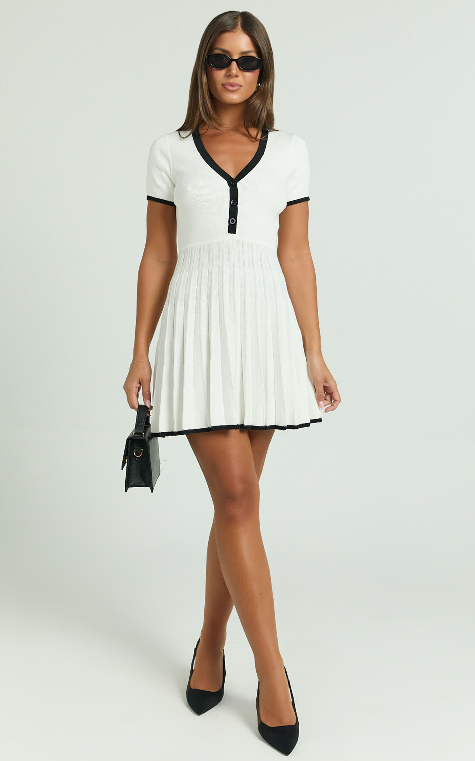 Vivienne Mini Dress - Short Sleeve Pleated Skirt Knitted Dress in Cream