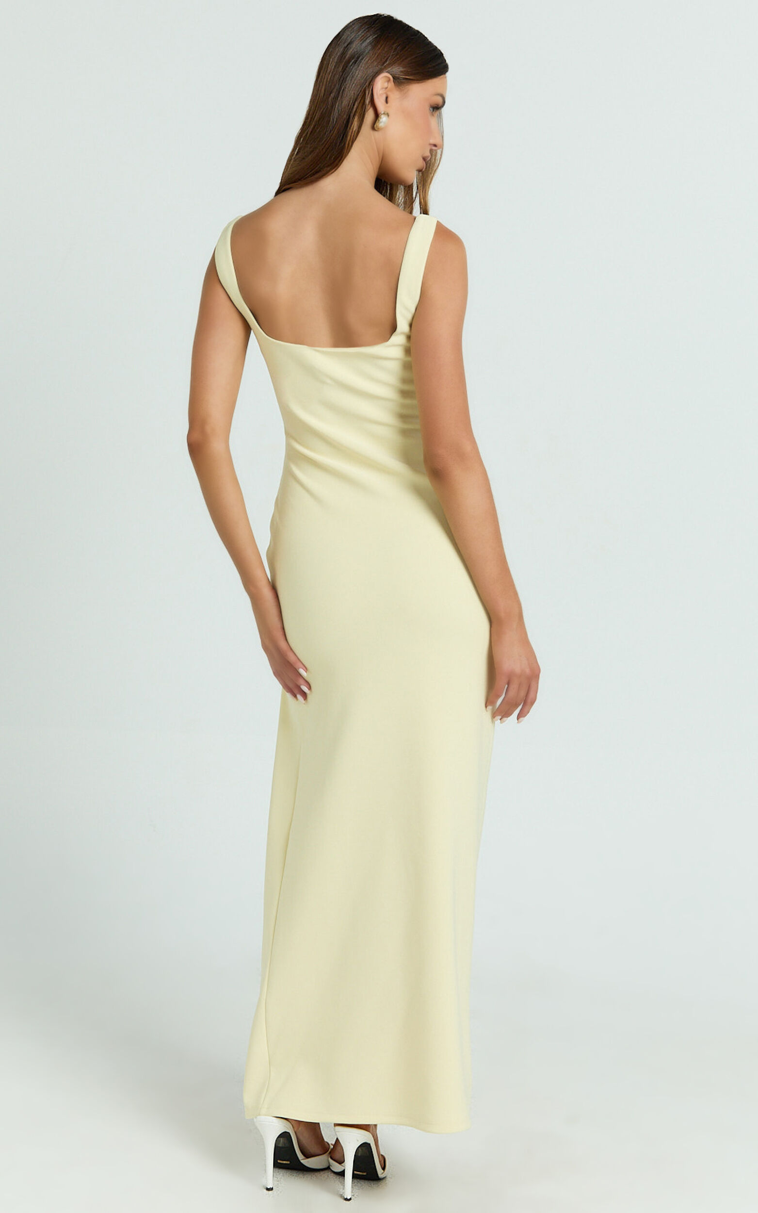 Tessa Maxi Dress - Square Neck Ruched Side Bodycon Dress in Lemon