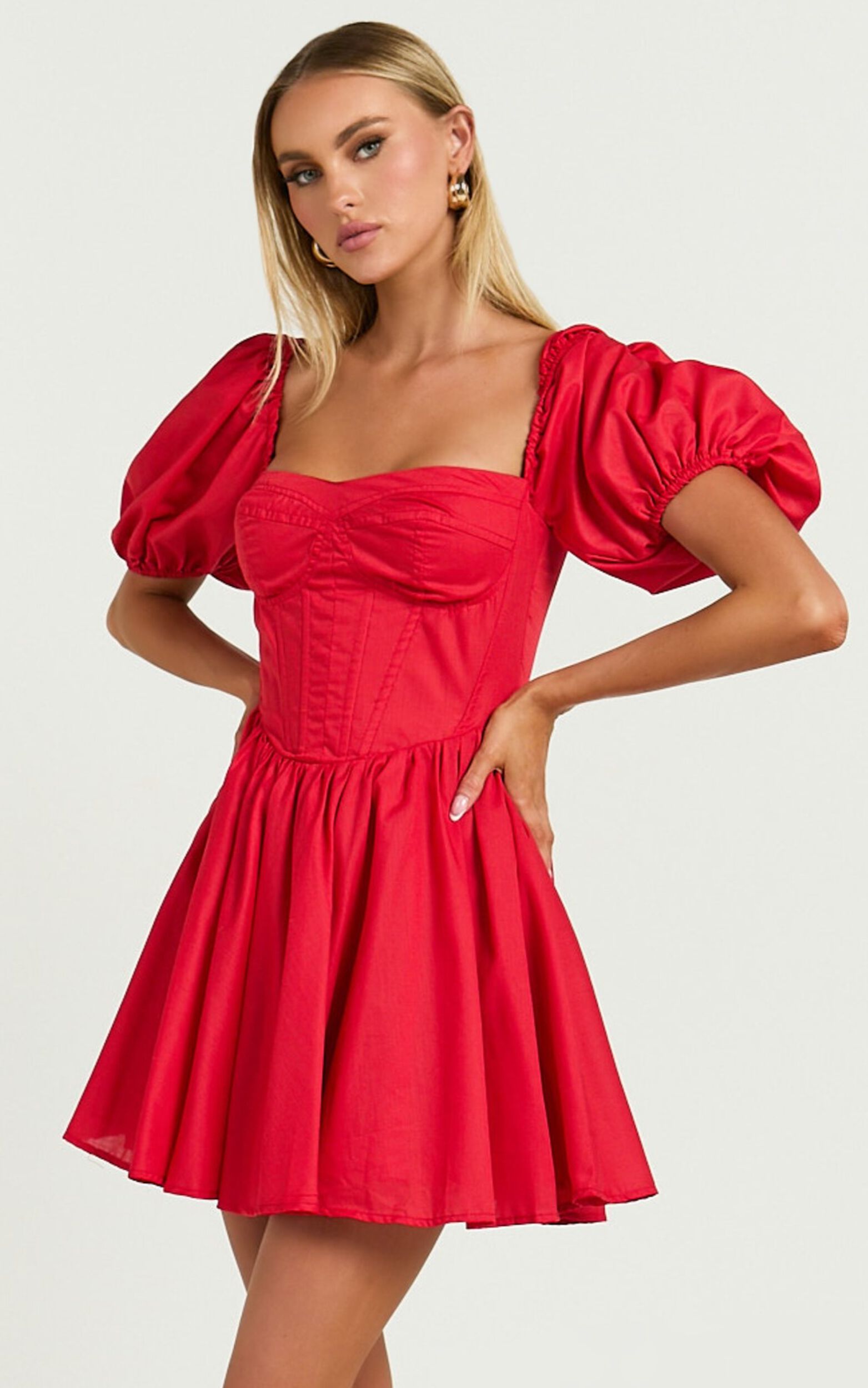 Souza Mini Dress - Fit and Flare Puff Sleeve Corset Dress in Red