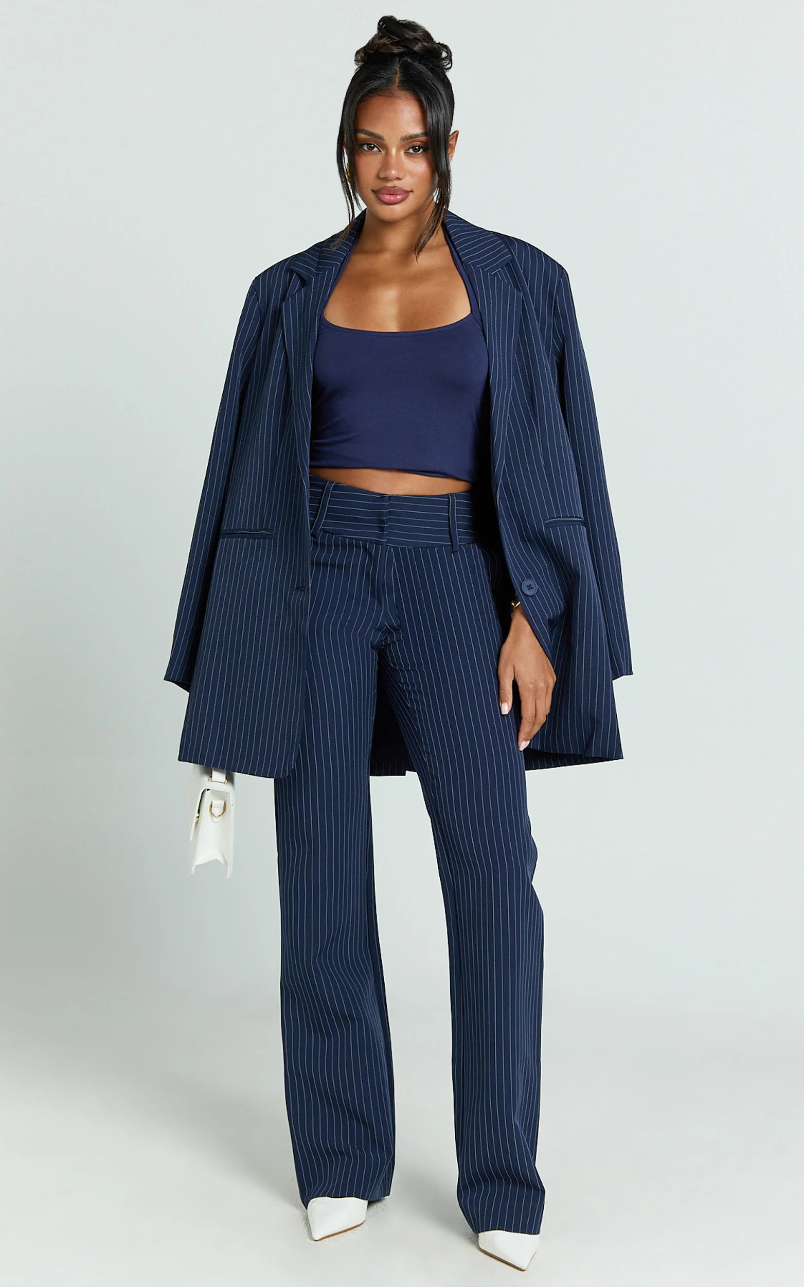 Elliot Pants - Mid Rise Pinstripe Bootleg Pants in Navy
