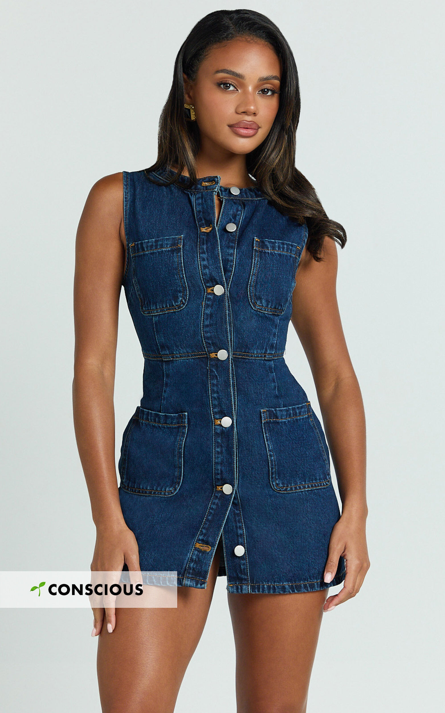 Stephanie Mini Dress - Scoop Neck Pocket Detail Recycled Denim Dress in Indigo Wash