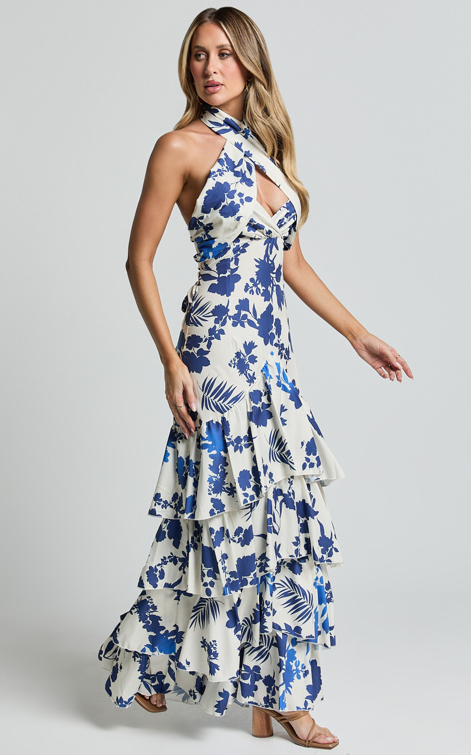 Talia Maxi Dress - Halter Neck Layered Dress in Blue and White Print