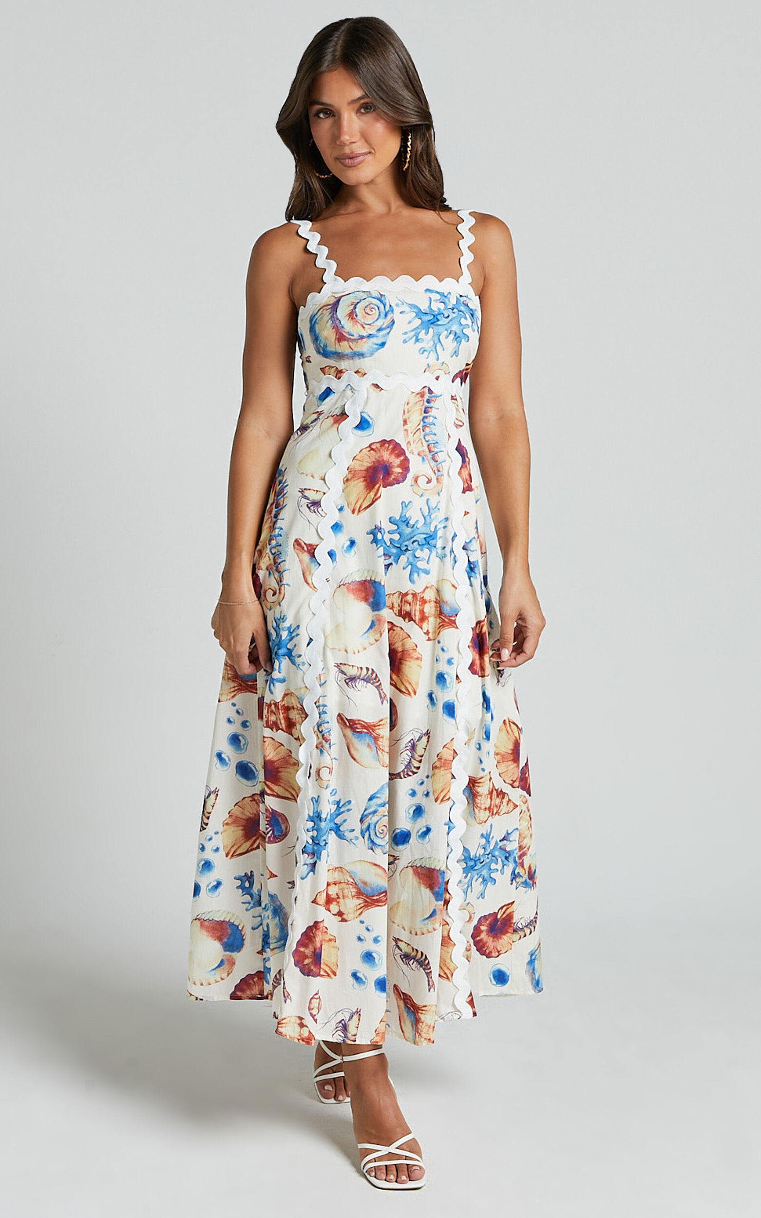 Lani Maxi Dress - Wavy Strap and Neck A Line Dress in Blue and Yellow Print