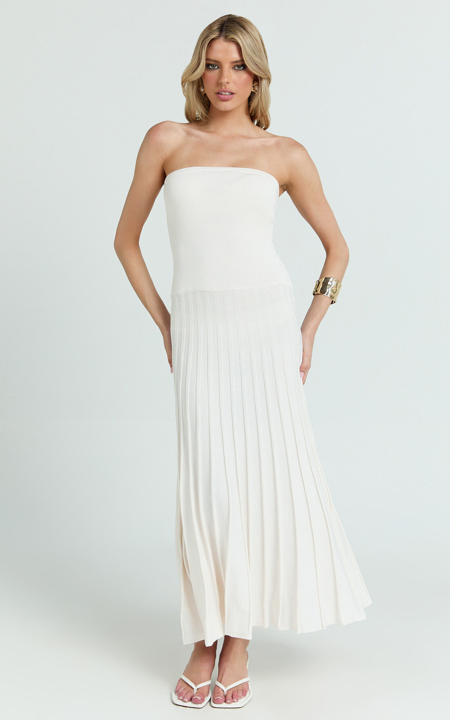 Paris Midi Dress - Strapless Drop Waist Pleated Knit Dress in White