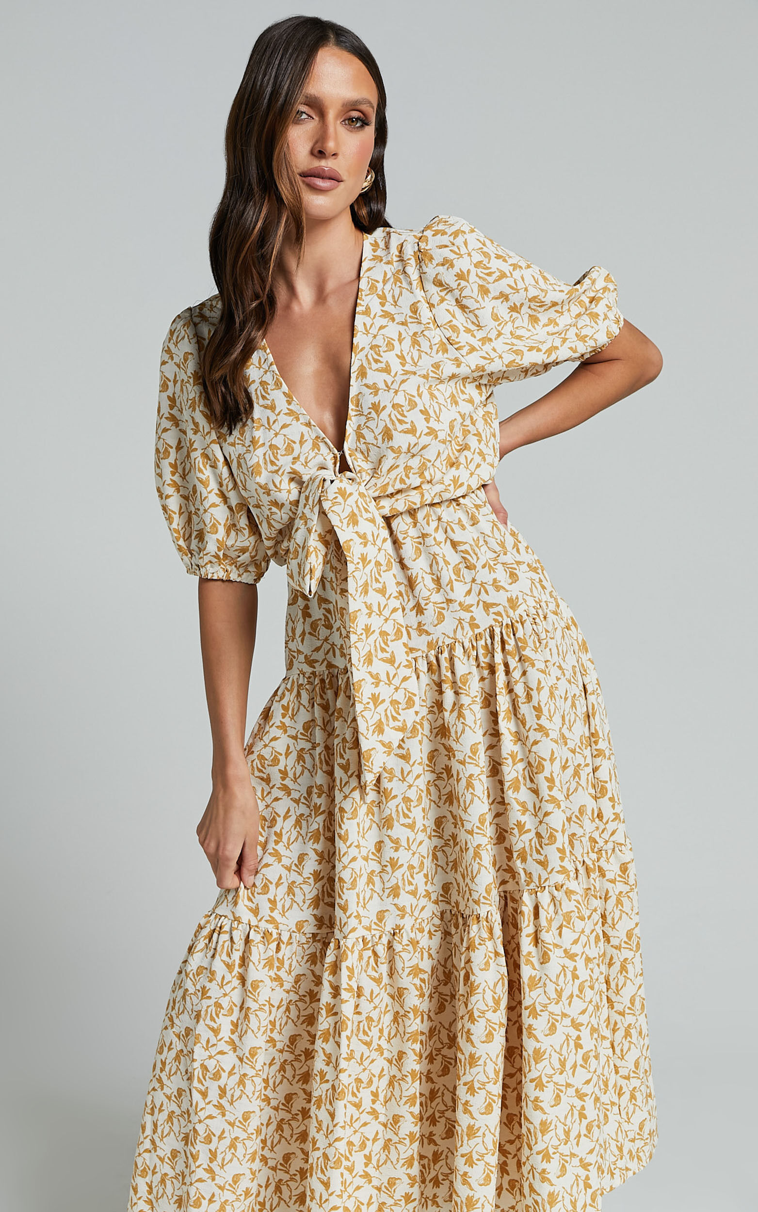 Alena Midi Dress - Short Puff Sleeve Tie Front Tiered Dress in Golden Floral