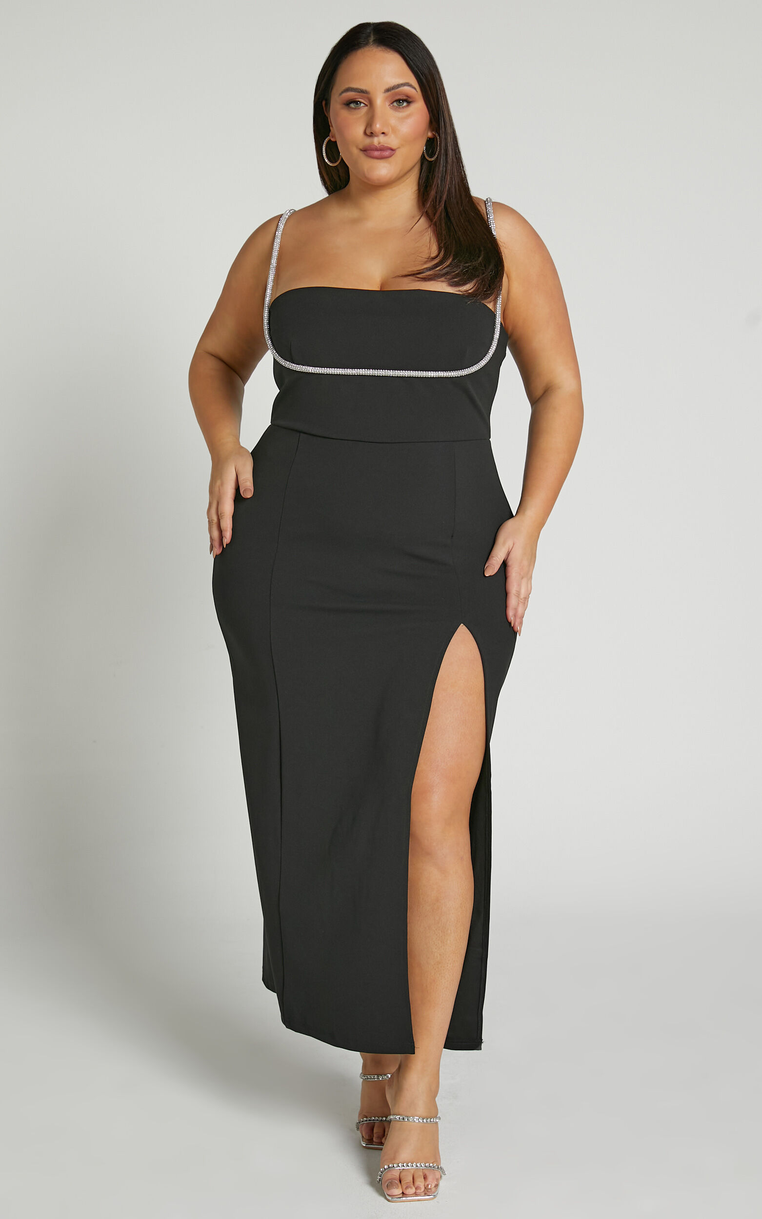 Sharley Midi Dress - Diamante Detail Pencil Dress in Black