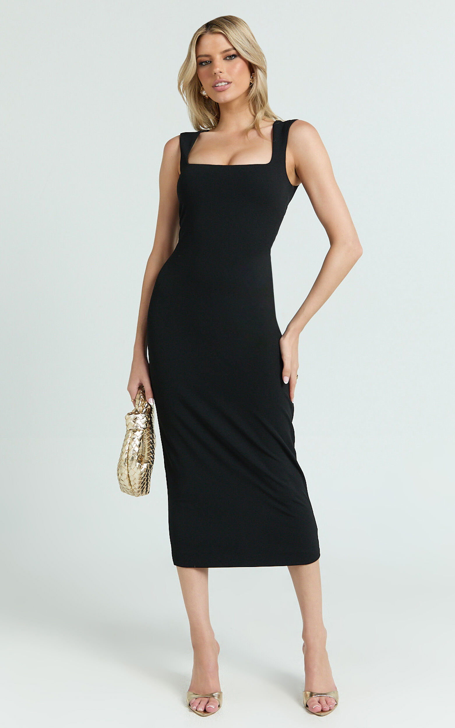 Stella Midi Dress - Square Neck Cap Sleeve Fitted Dress in Black