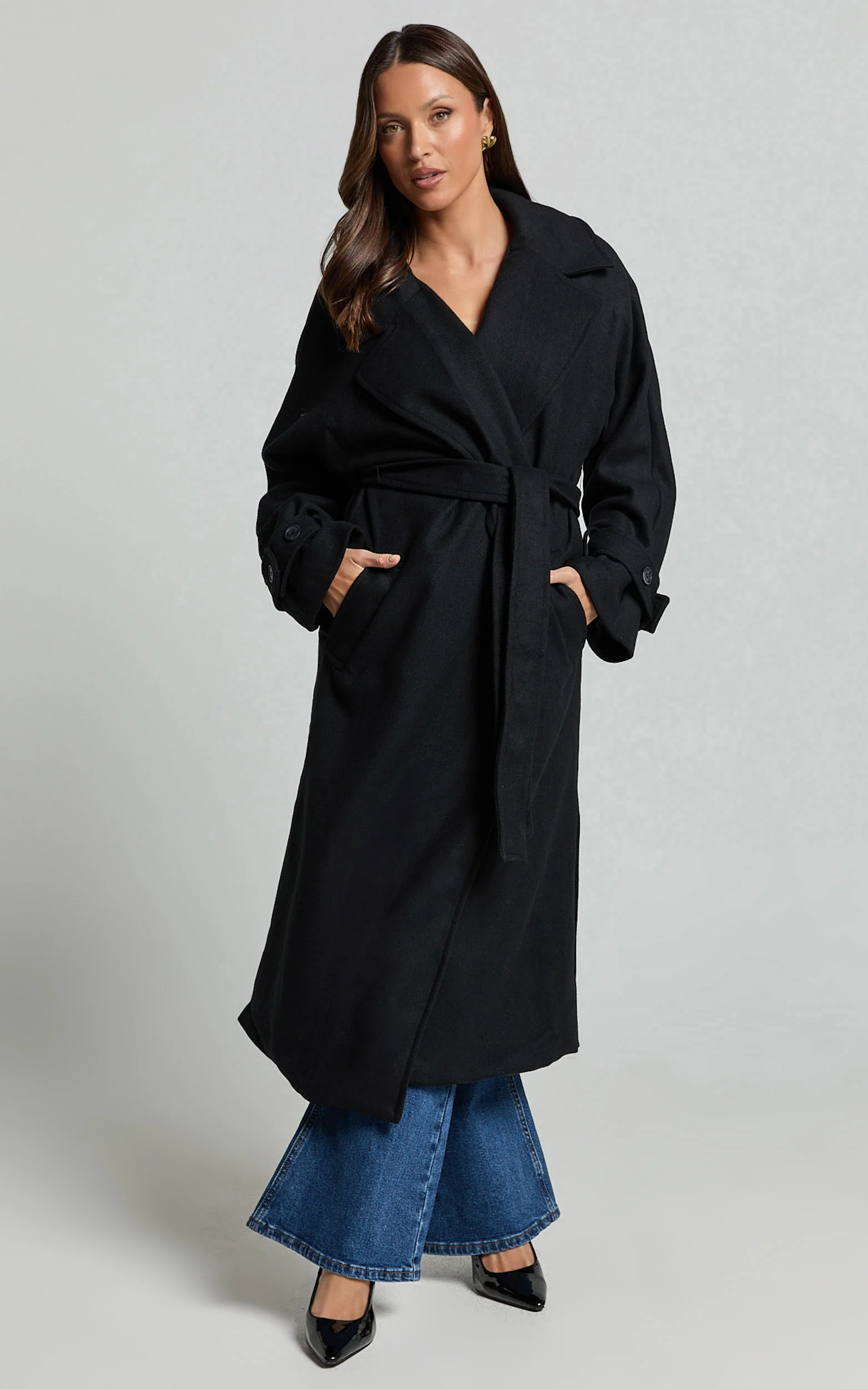 Mella Coat - Belted Longline Coat in Black