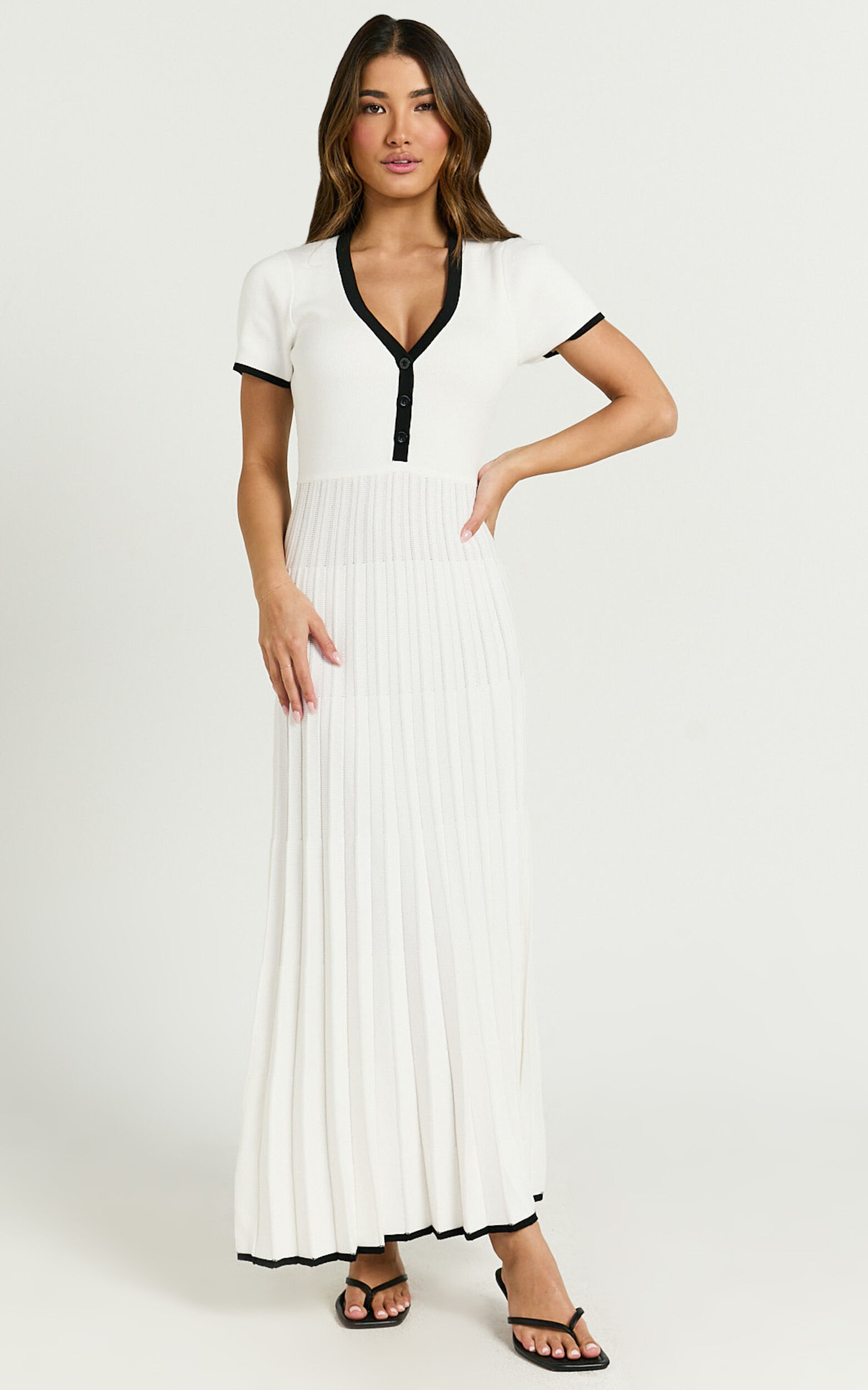 Vivienne Midi Dress - Short Sleeve Pleated Skirt Knitted Dress in Cream