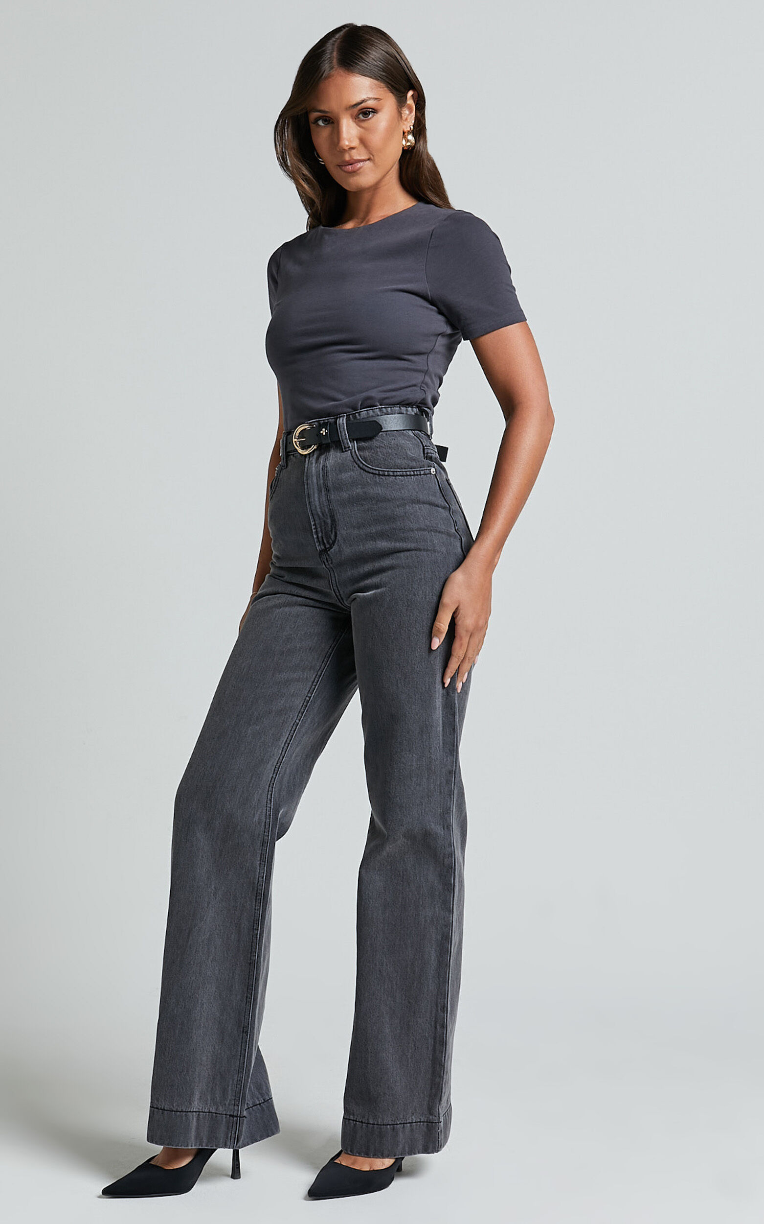 Alexie Tshirt - High Neckline Tshirt in Charcoal