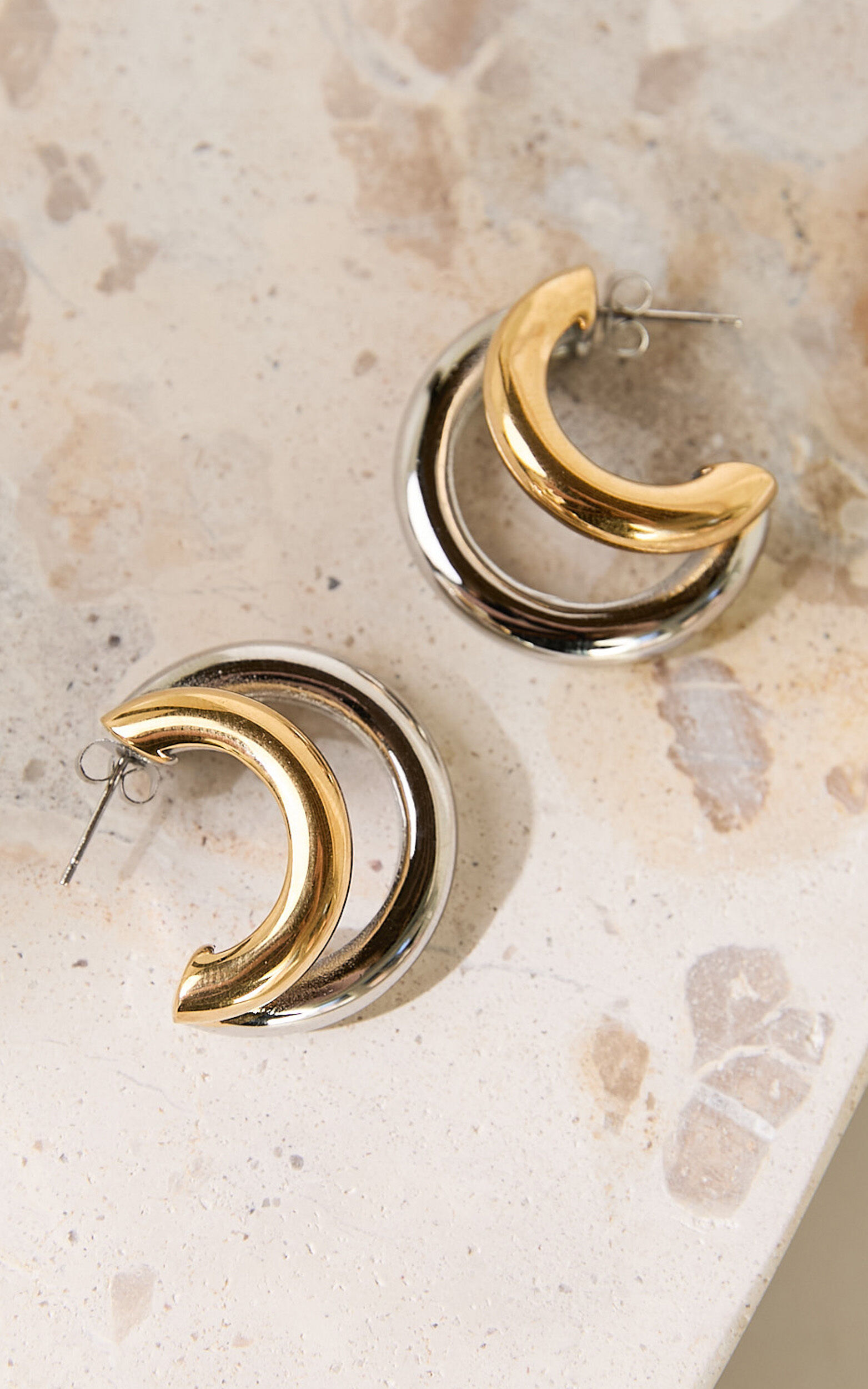 Rhonda Earrings -  Double Hoop Contrast Earrings in Gold/Silver