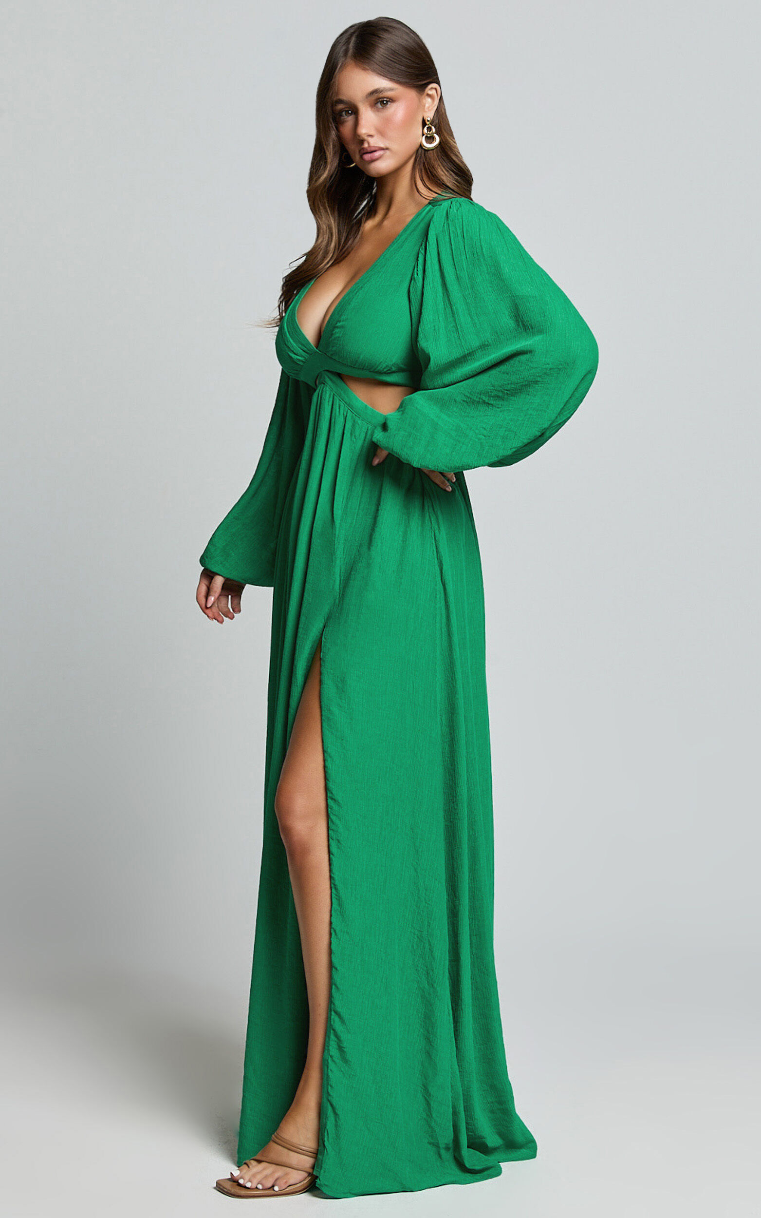 Paige Maxi Dress - Side Cut Out Balloon Sleeve Dress in Green