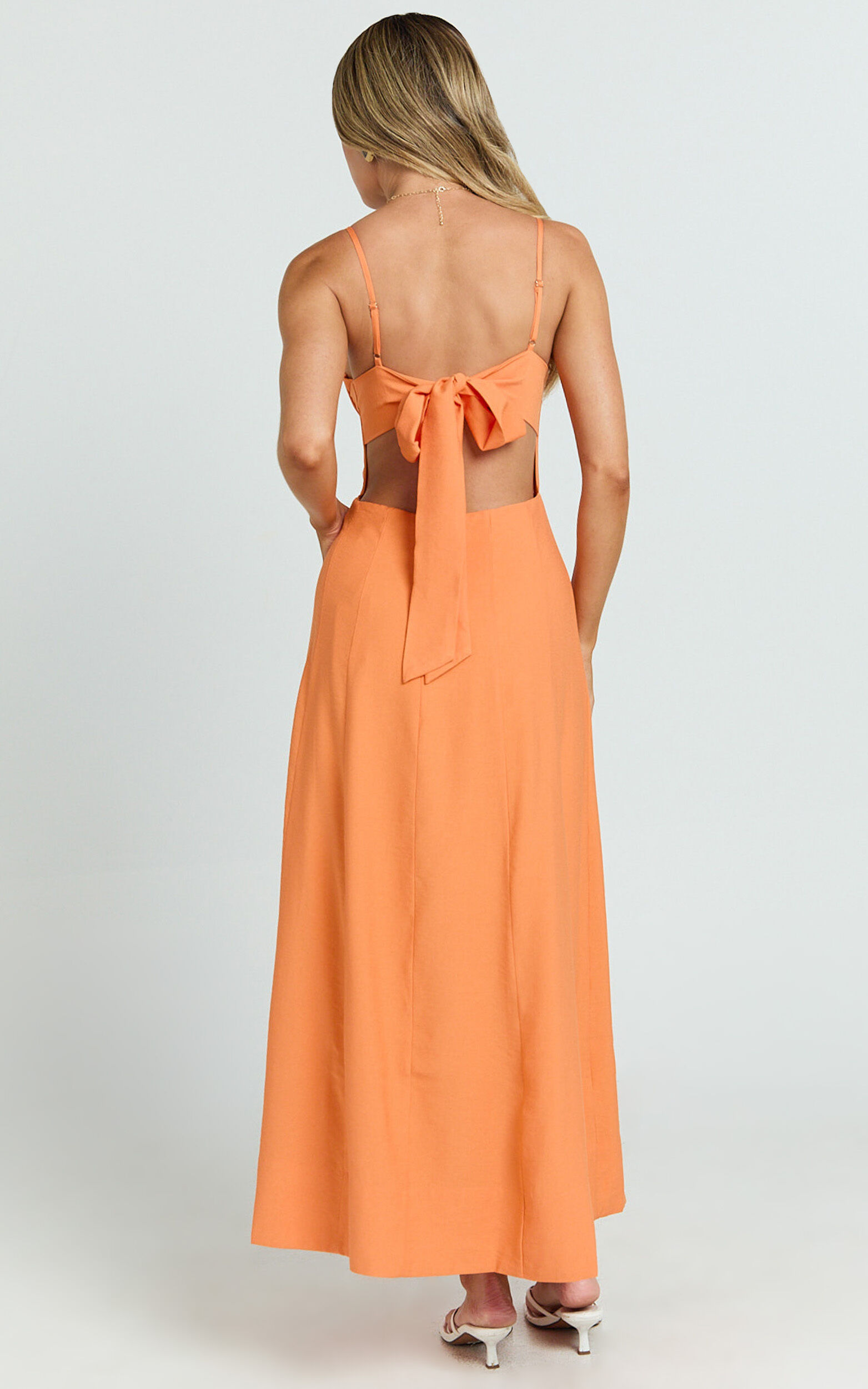 Amalie The Label - Ray Corset Panel Tie Back Midi Linen Blend Dress in Orange