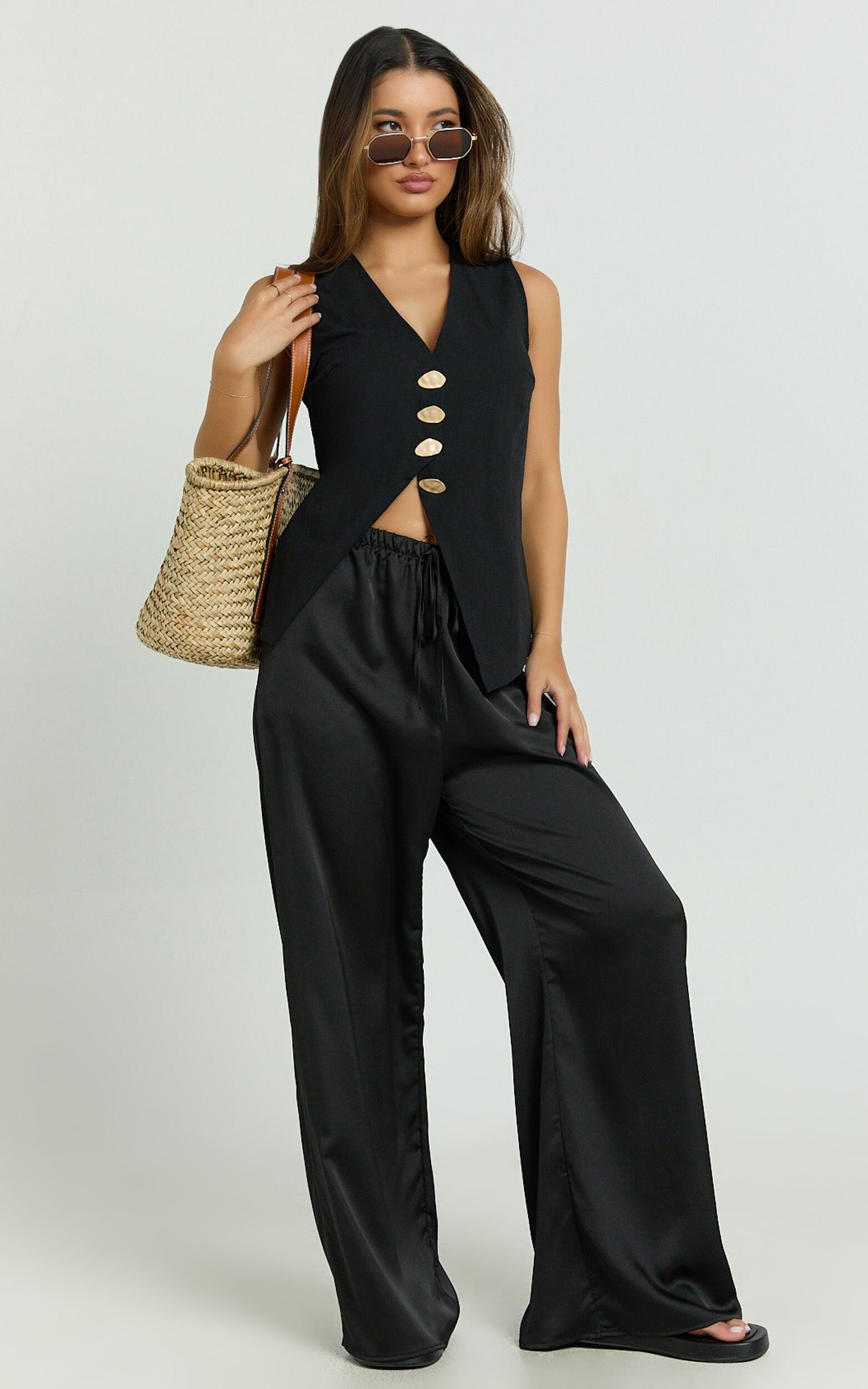 Myrna Two Piece Set - Gold Hardware Waistcoat Top and Relaxed Satin Pants Set in Black