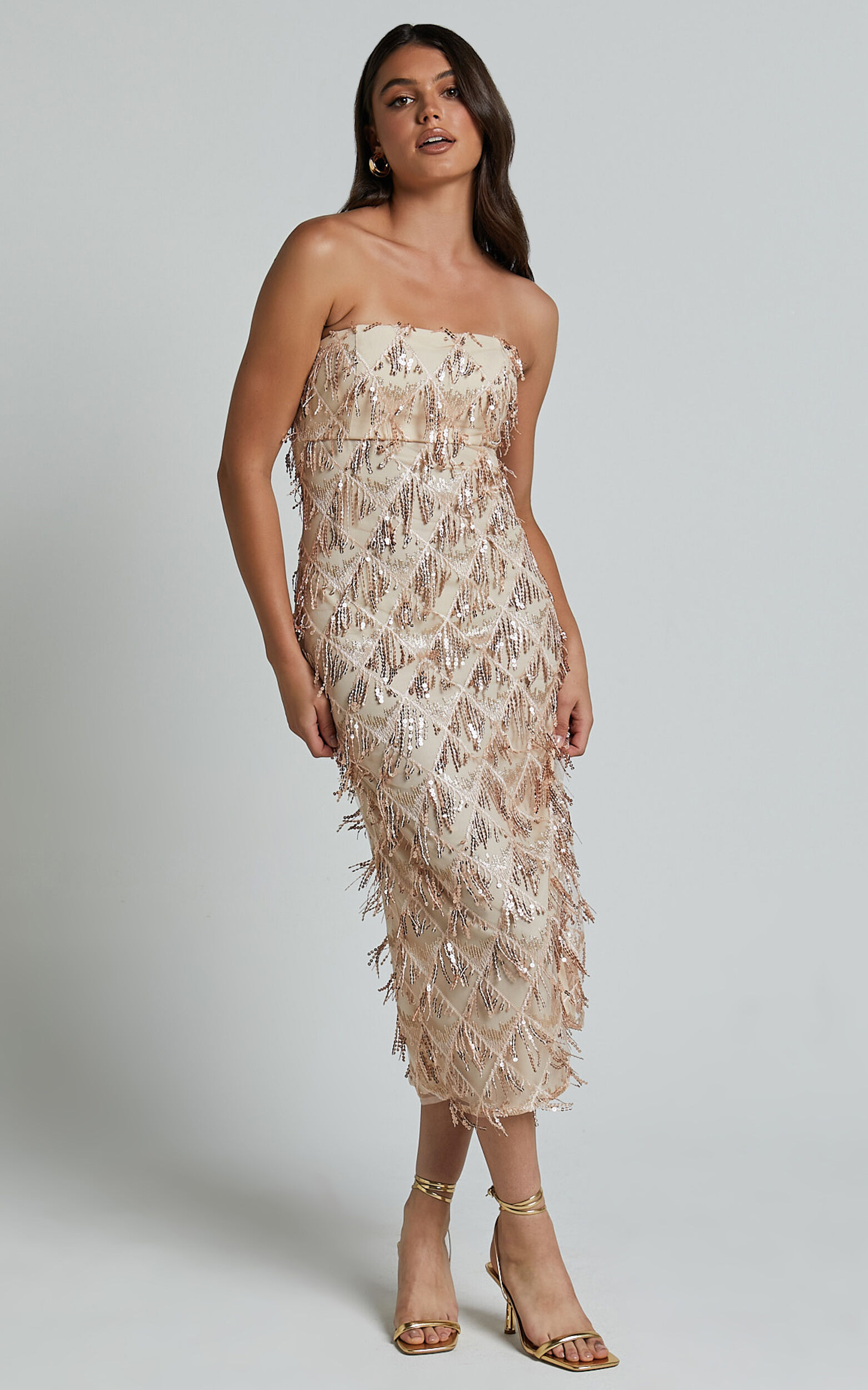 Variel Midi Dress - Strapless Fringe Sequin Dress in Champagne
