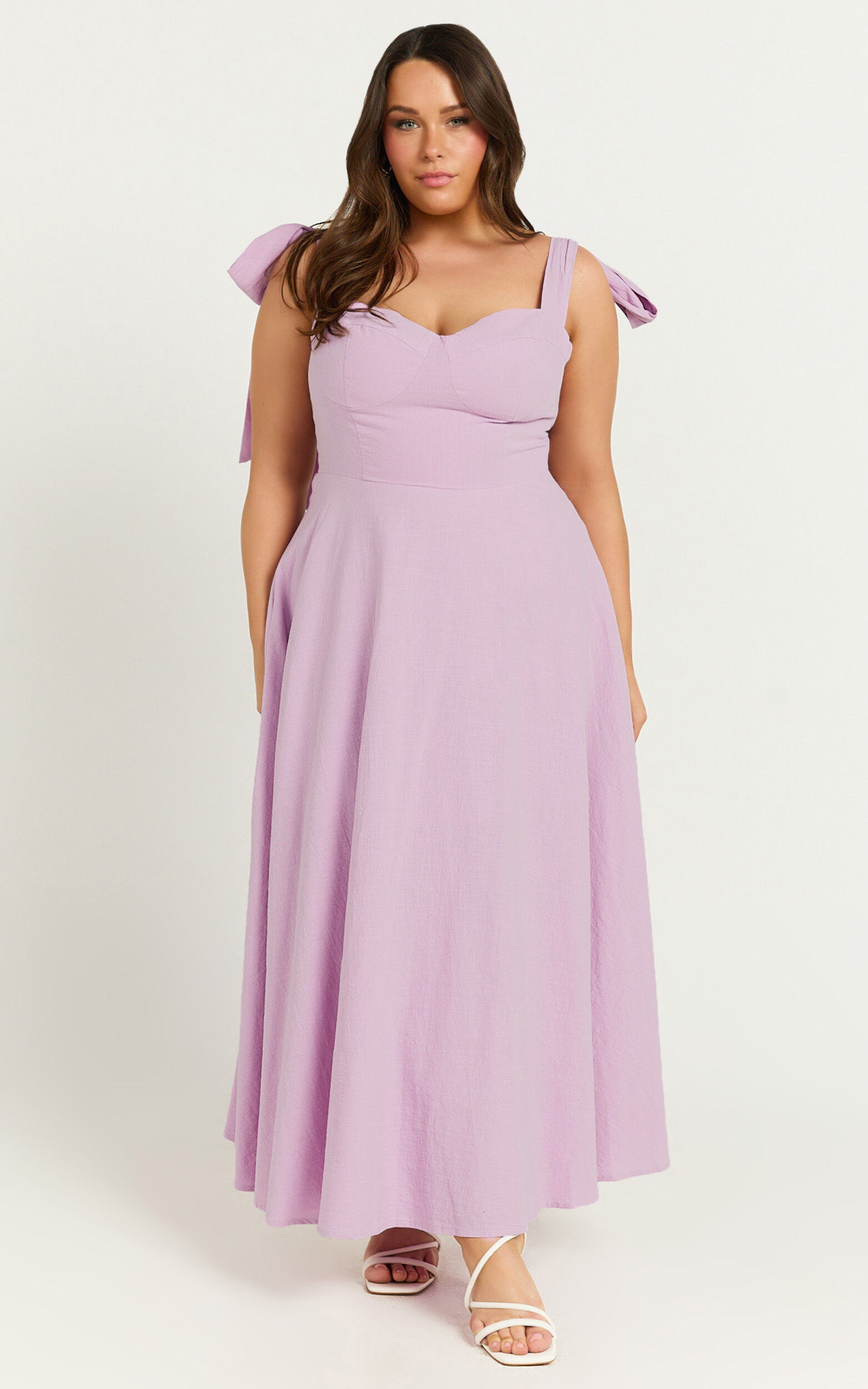 Tymia Midi Dress - Shoulder Tie Bustier Shirred Back A Line in Lavender