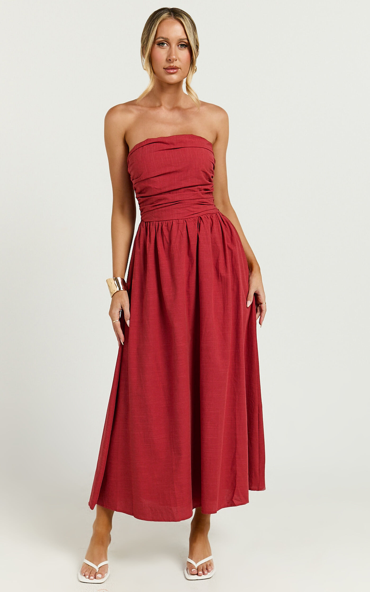 Polly Midi Dress - Strapless Ruched Dress in Red