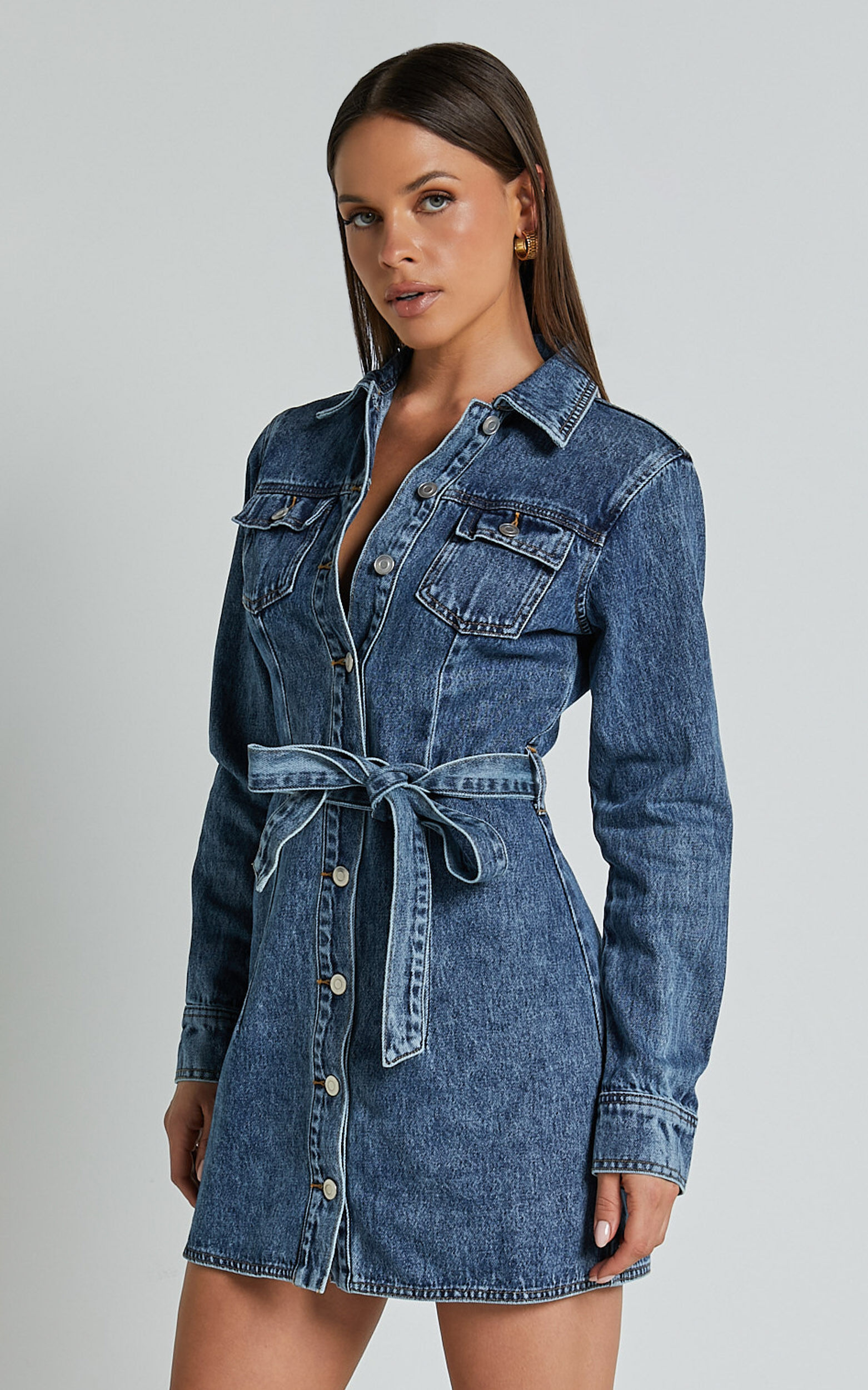 Enriquetta Mini Dress - Cotton Denim Long Sleeve Button Up Dress in Blue