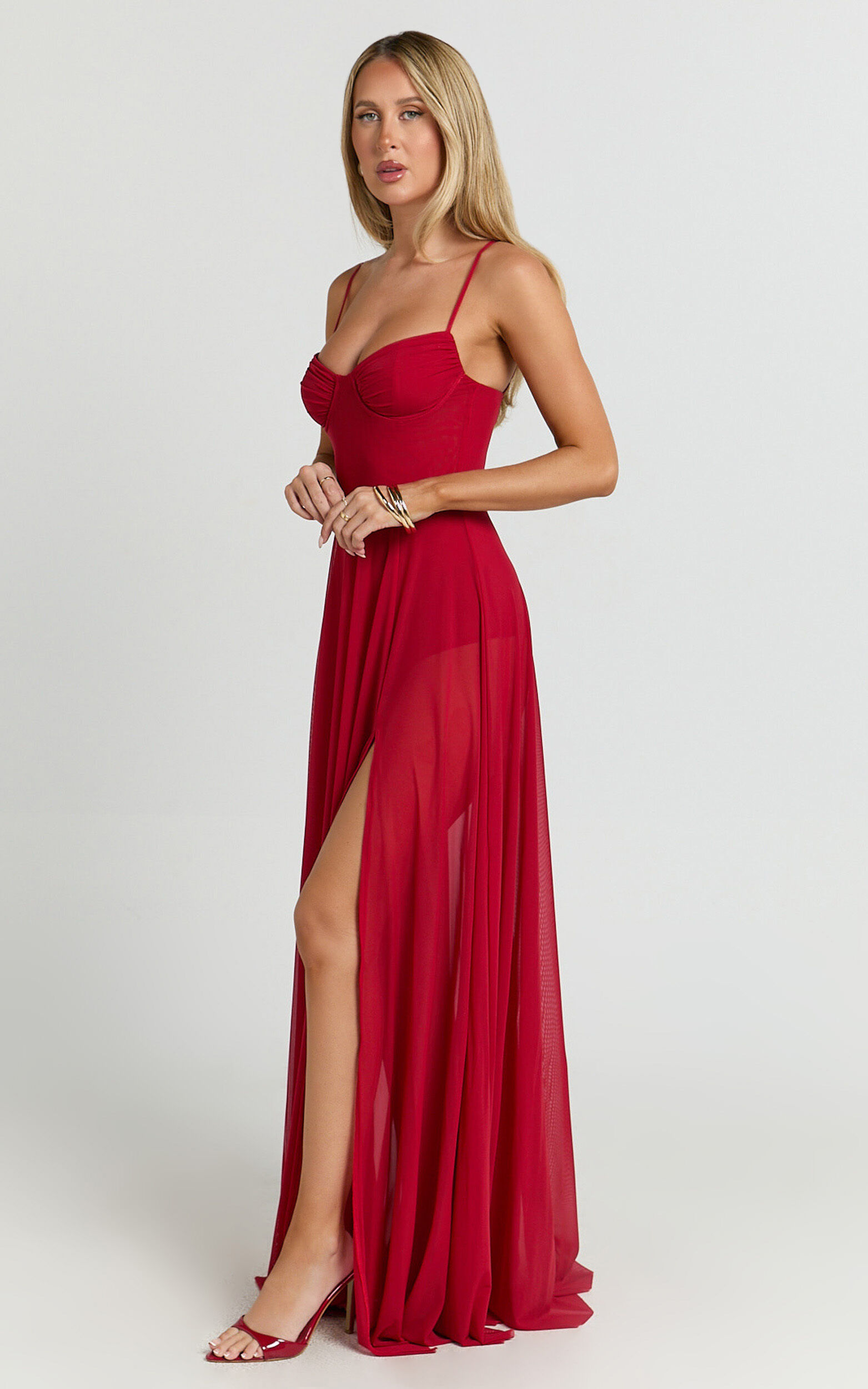 Kreanna Maxi Dress - Adjustable Strap Ruched Bodice Fit And Flare Dress in Red