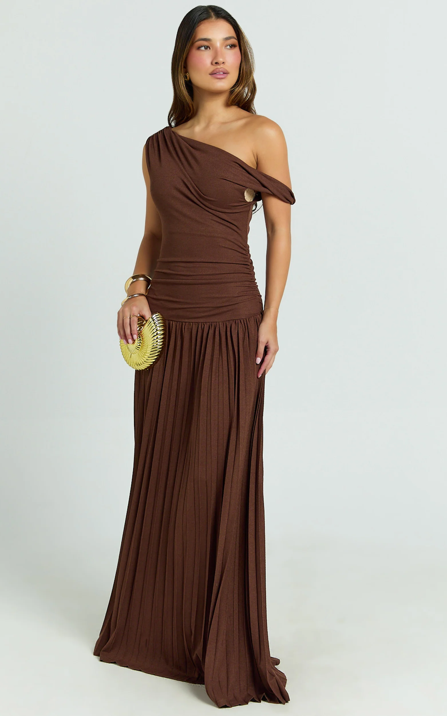 Yvonne Maxi Dress - Pleat Skirt Tip Shoulder Ruched Dress in Chocolate