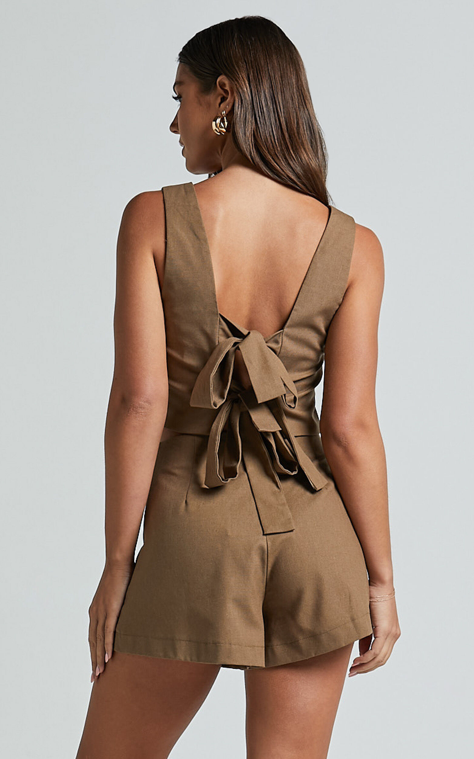 Salvador Two Piece Set - Linen Sleeveless Crop Top and High Waisted Tailored Shorts in Olive