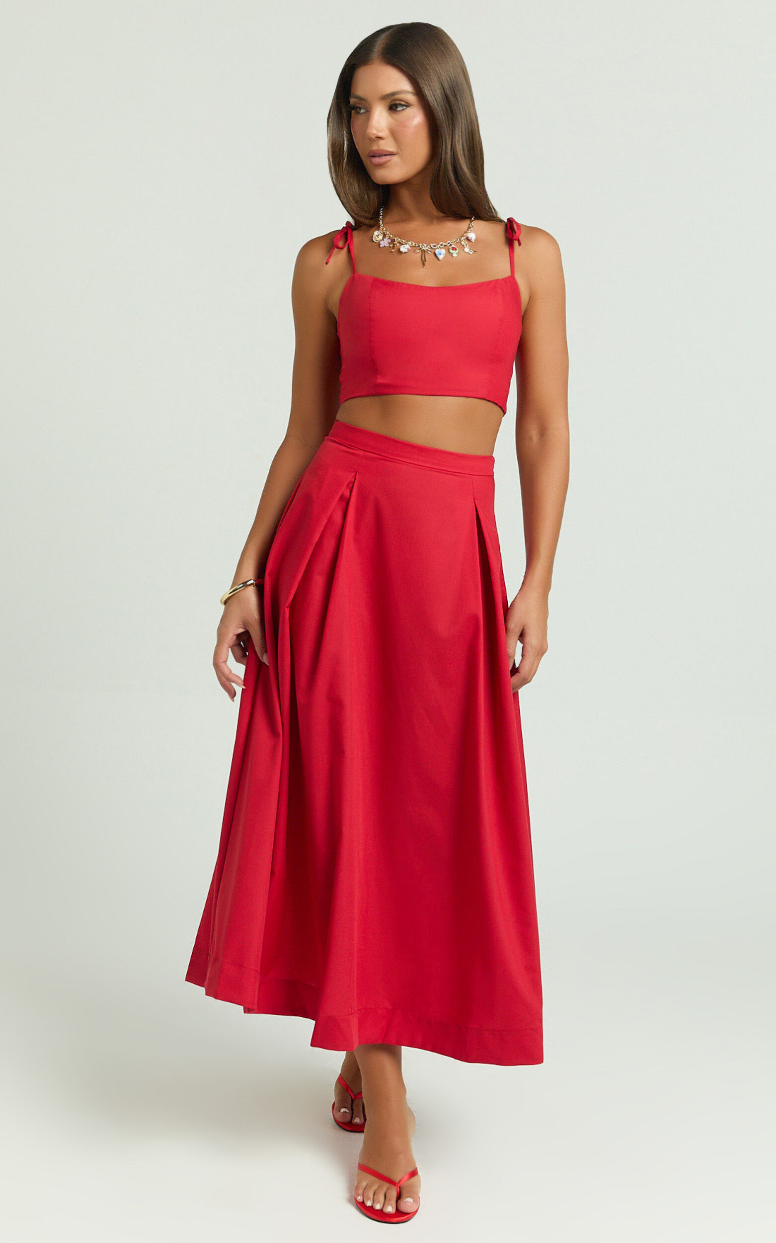 Rosalee Two Piece Set - Strappy Crop Top and High Waisted A Line Midi Skirt Set in Red