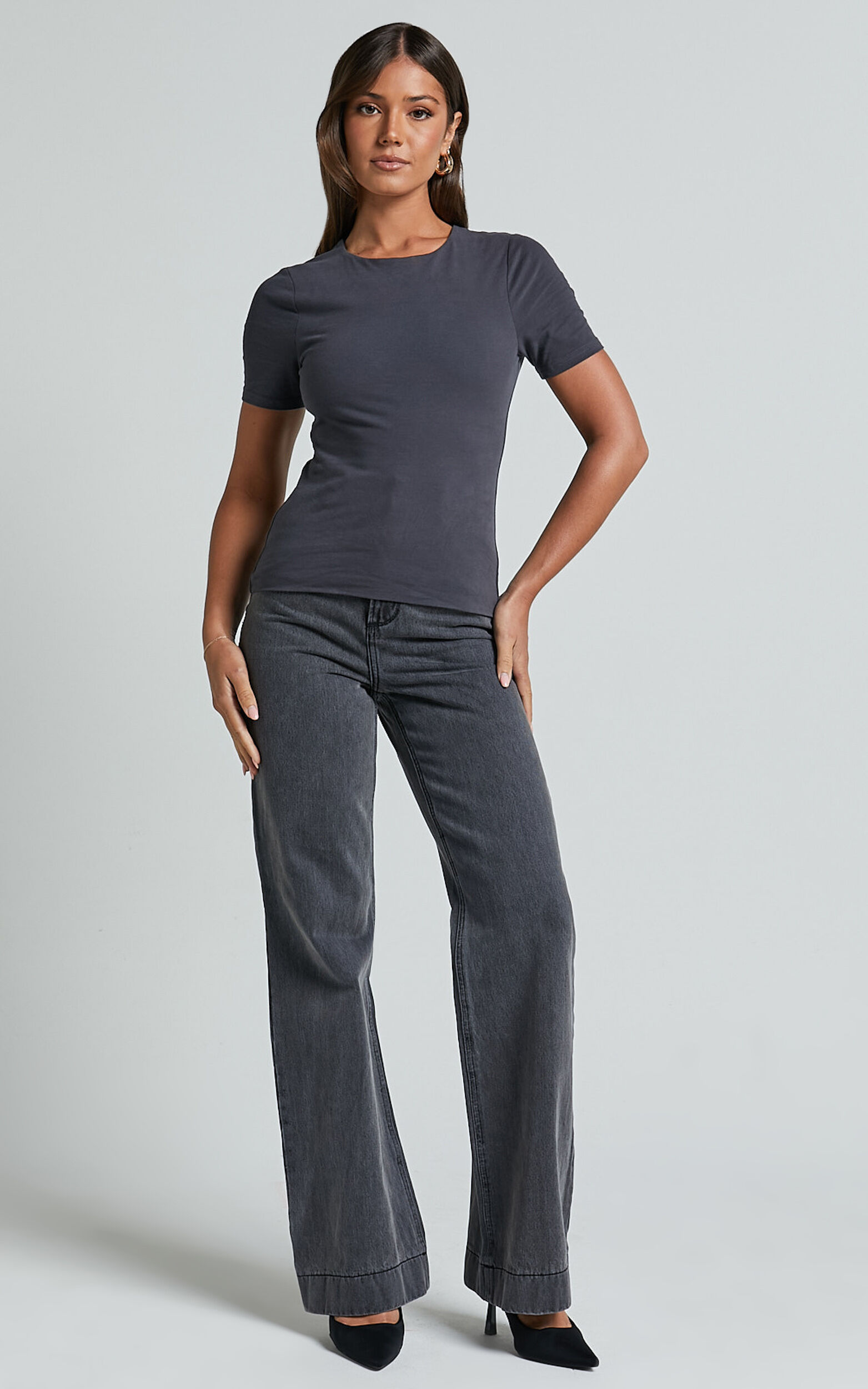 Alexie Tshirt - High Neckline Tshirt in Charcoal