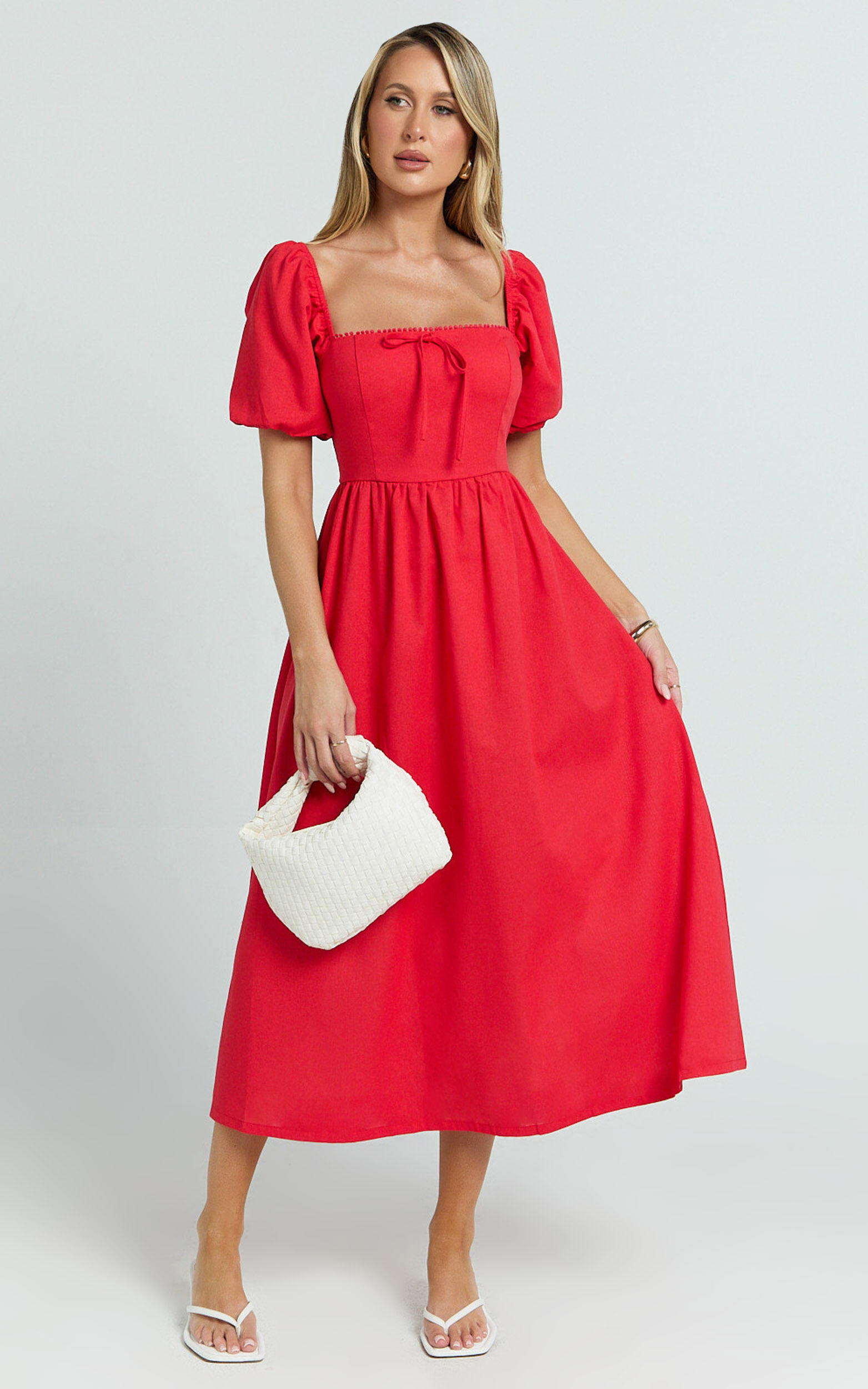 Quinn Midi Linen Dress - Puff Sleeve Square Neck Dress in Red