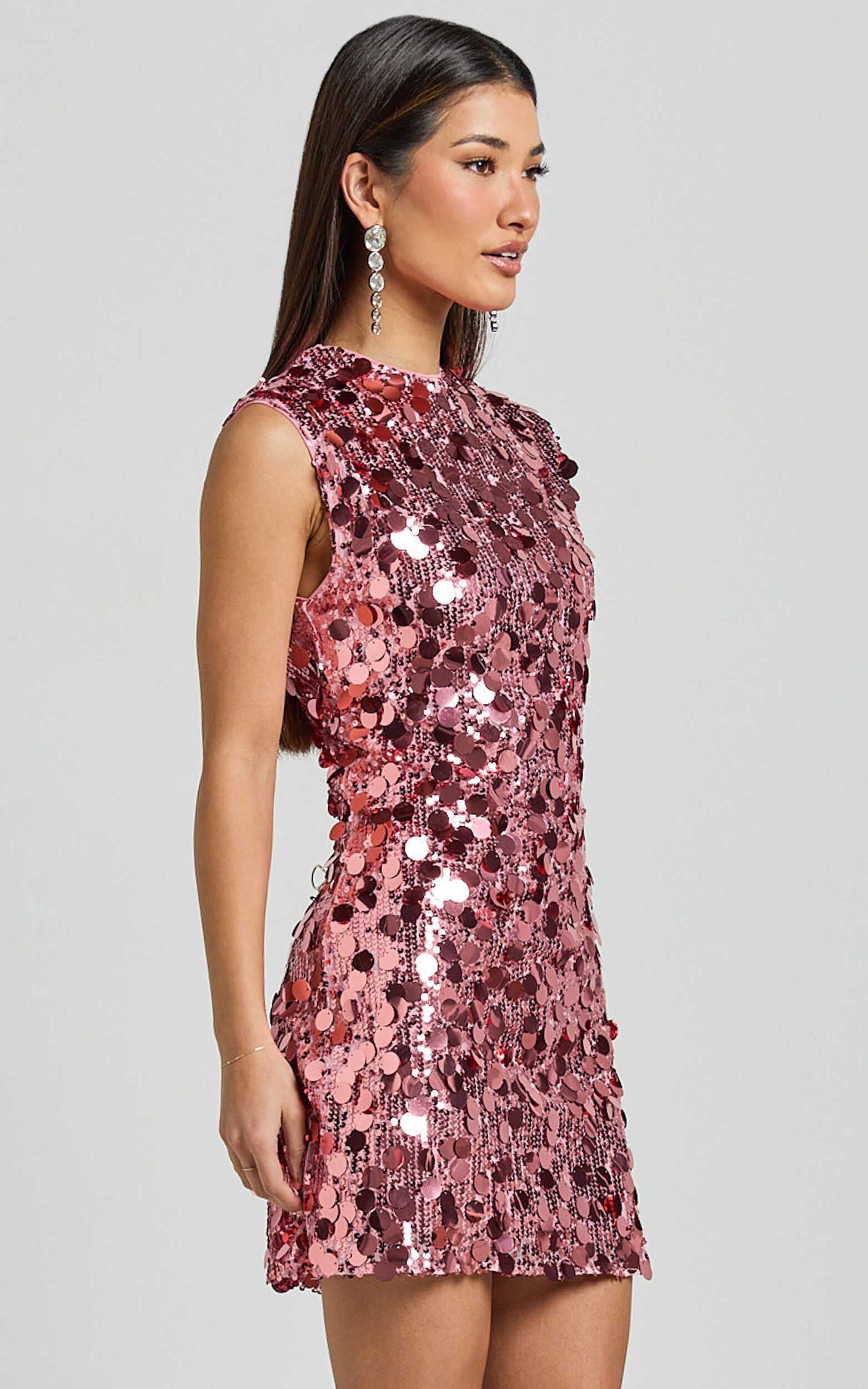 Tracy Mini Dress - Disc Sequin Shift Dress in Rose