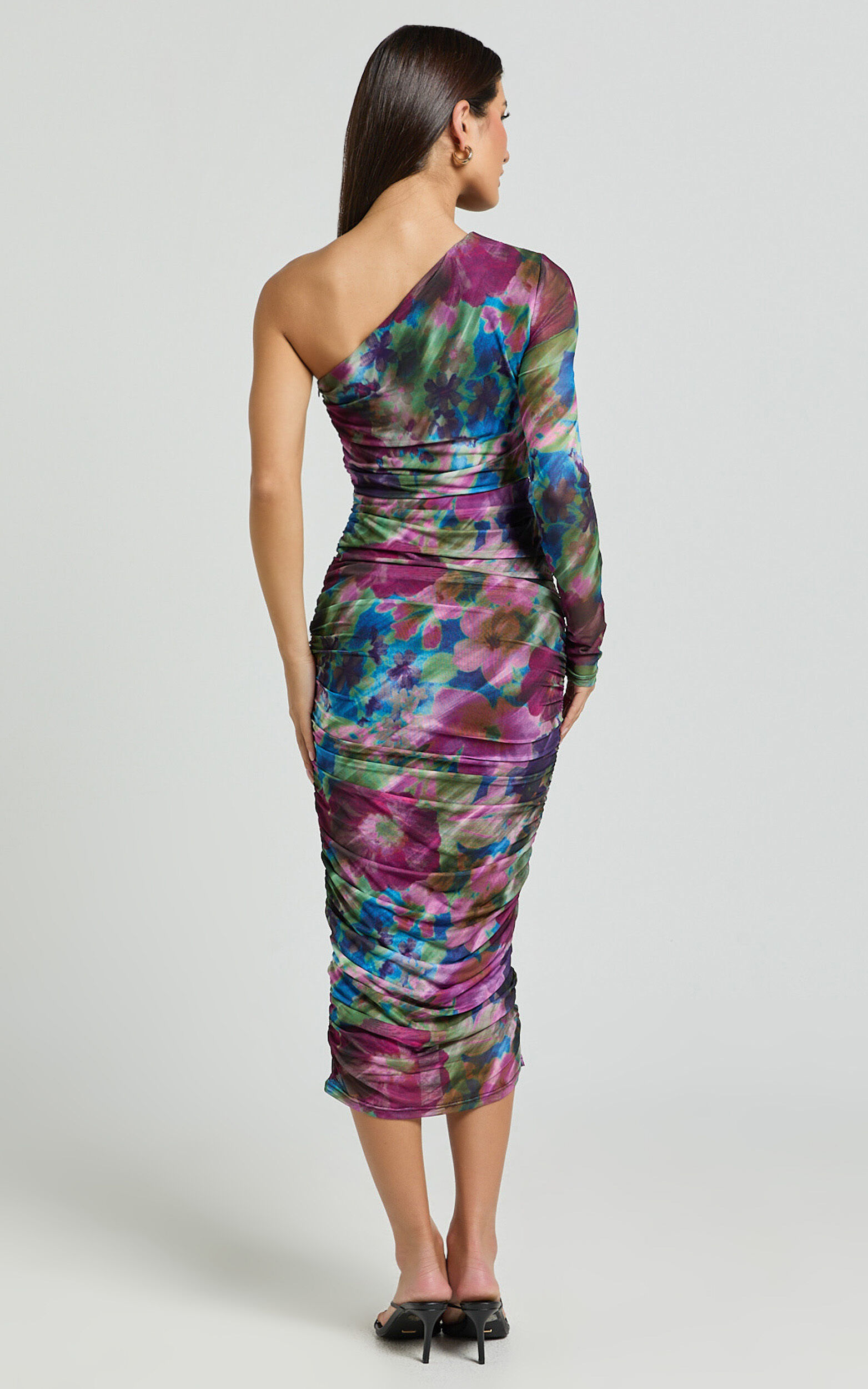 Pepper Midi Dress - One Shoulder Ruched Mesh Dress in Ethereal Iris Print