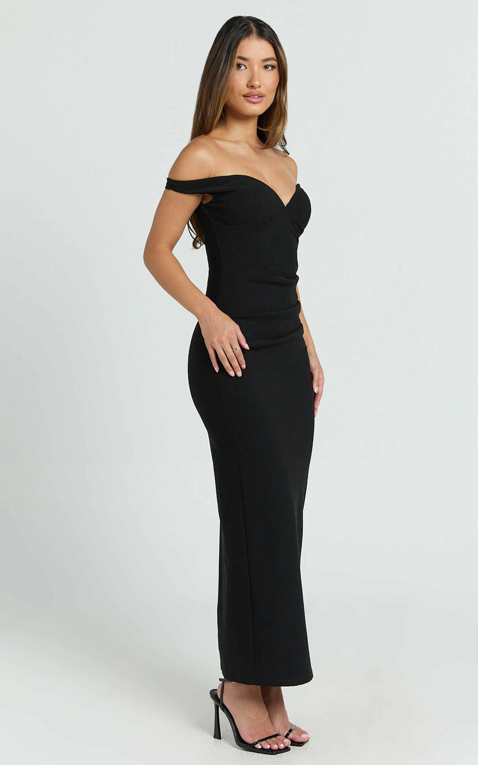 Vinnie Midi Dress - Off Shoulder Bustier Side Tuck Fitted Dress in Black