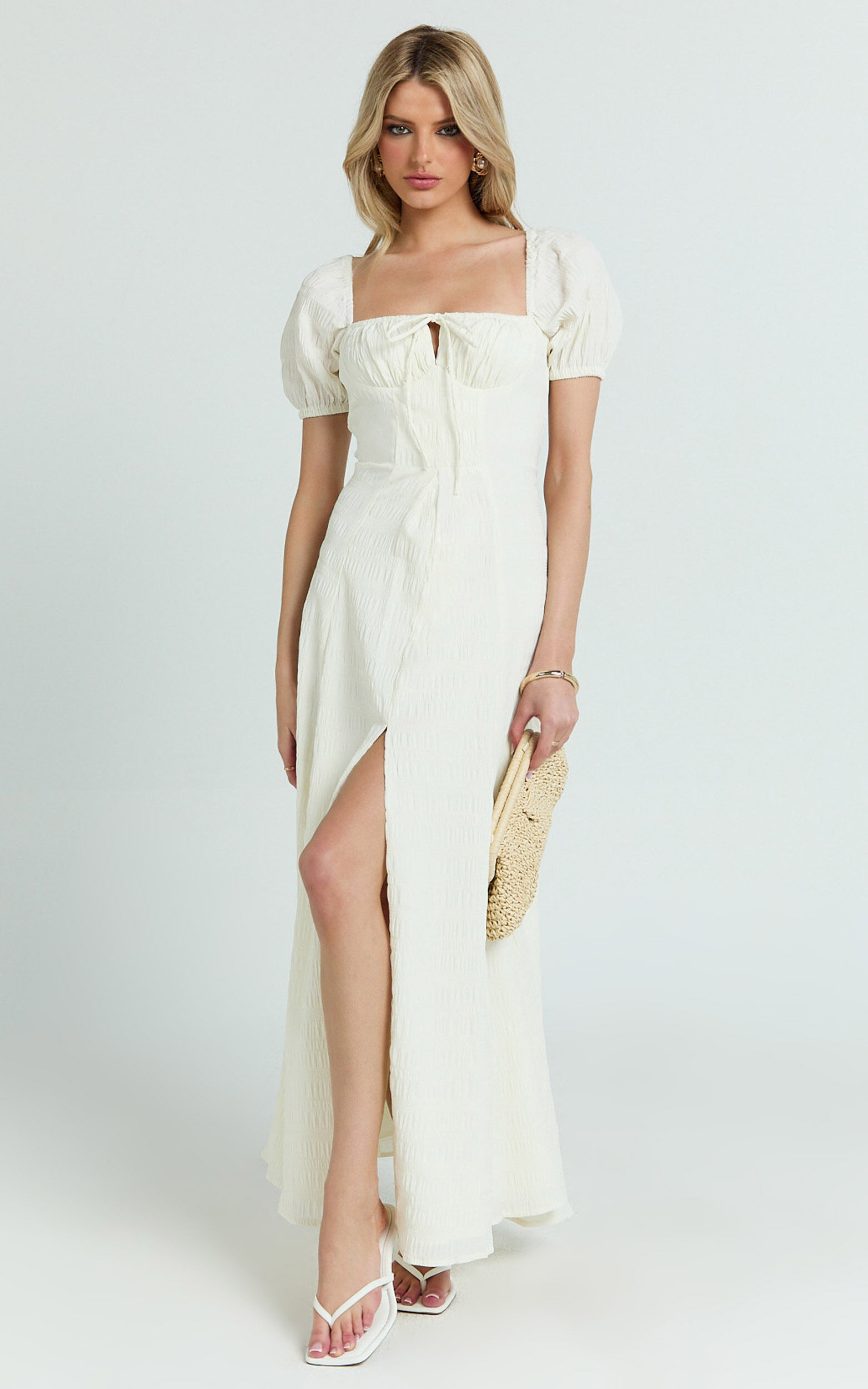 Joanne Maxi Dress - Ruched Bust Front Split Dress in Off White