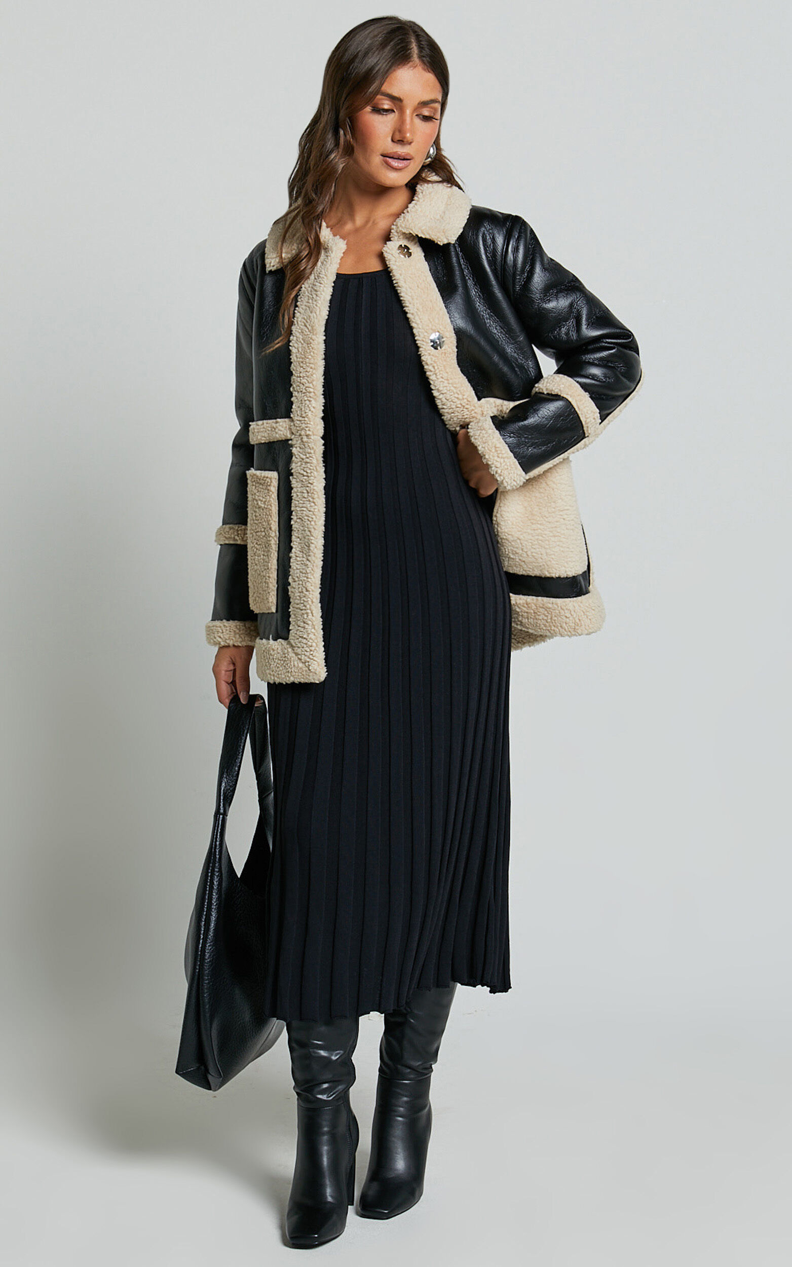 Ruth Jacket - Faux Shearling Aviator Jacket in Black