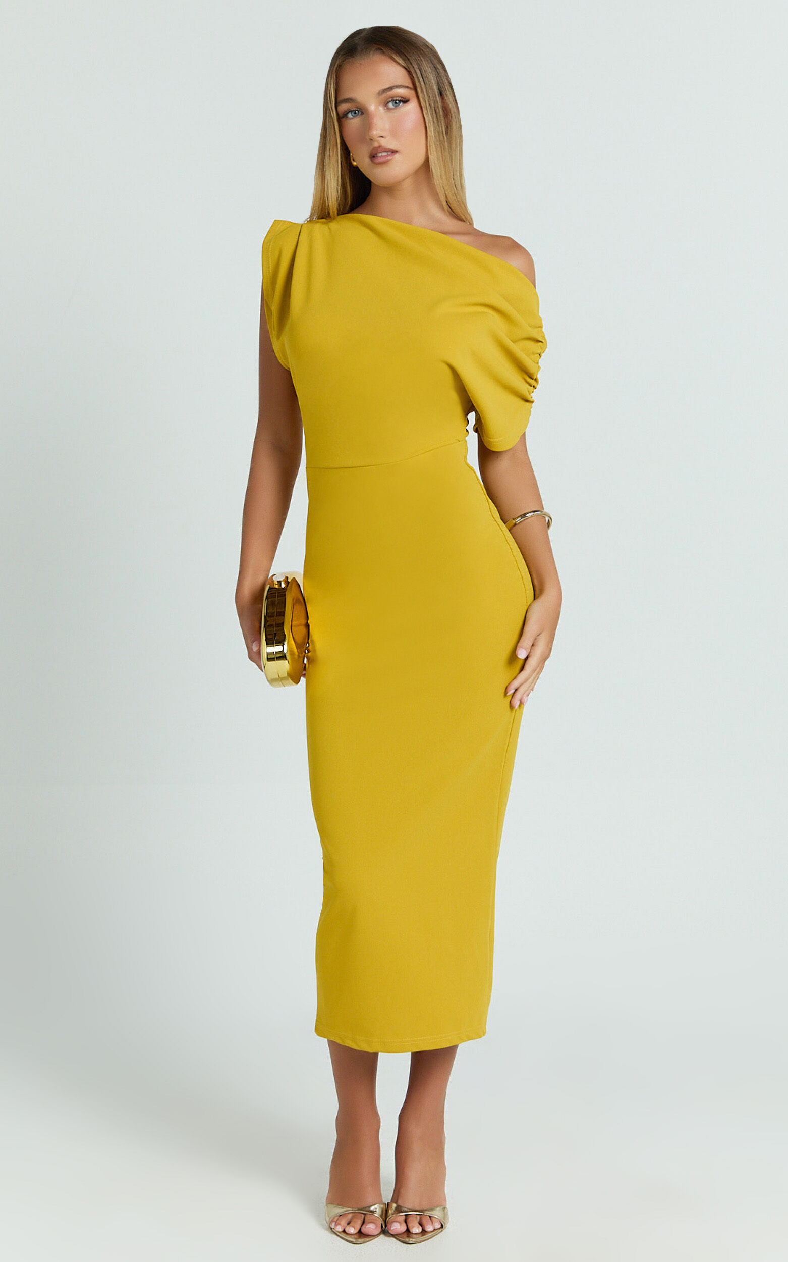 Nalfie Midi Dress - Tipped Shoulder Jersey Drape Dress in Mustard