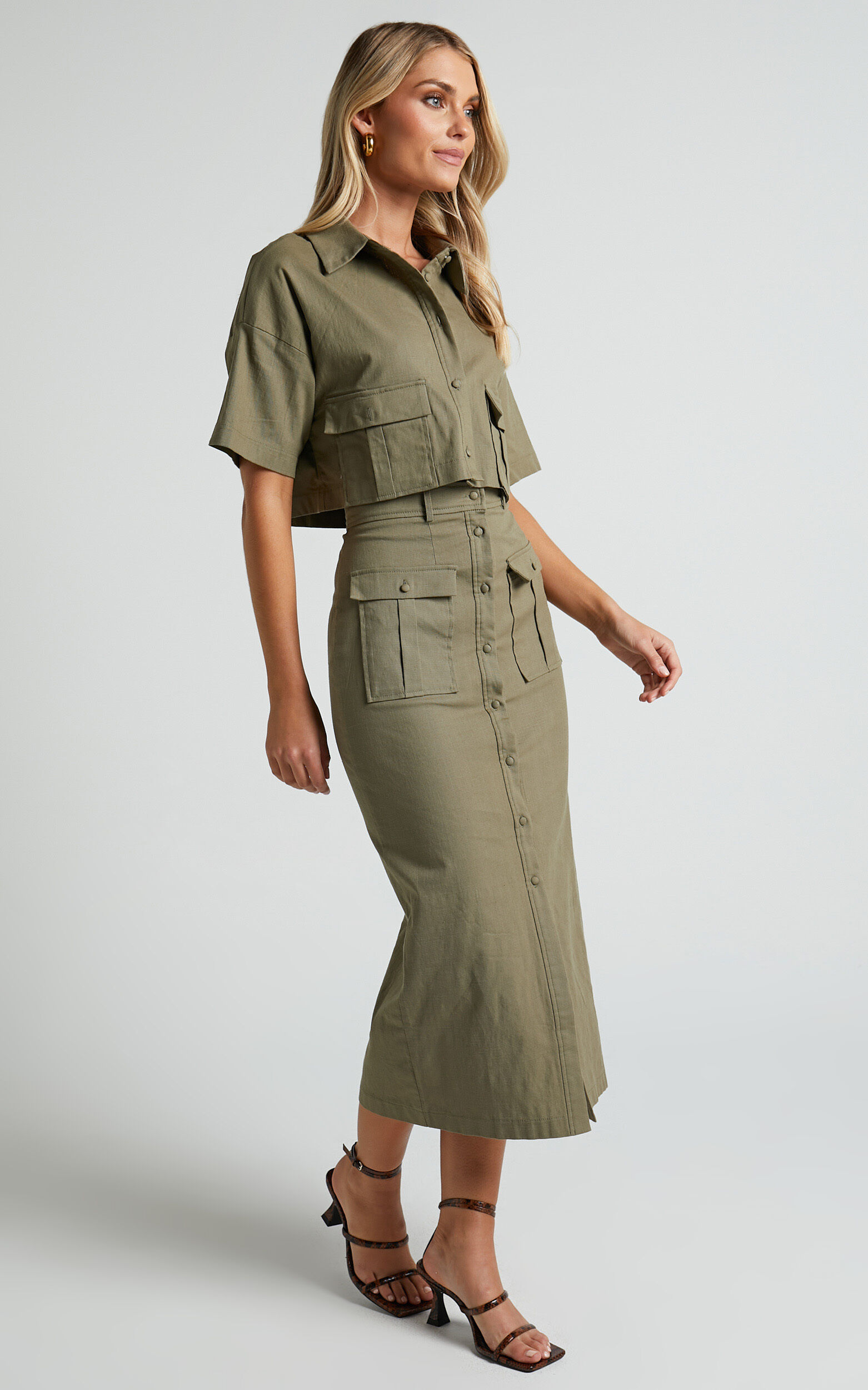 Davina Two Piece Set - Button Front Top and Midi Skirt Set in Khaki