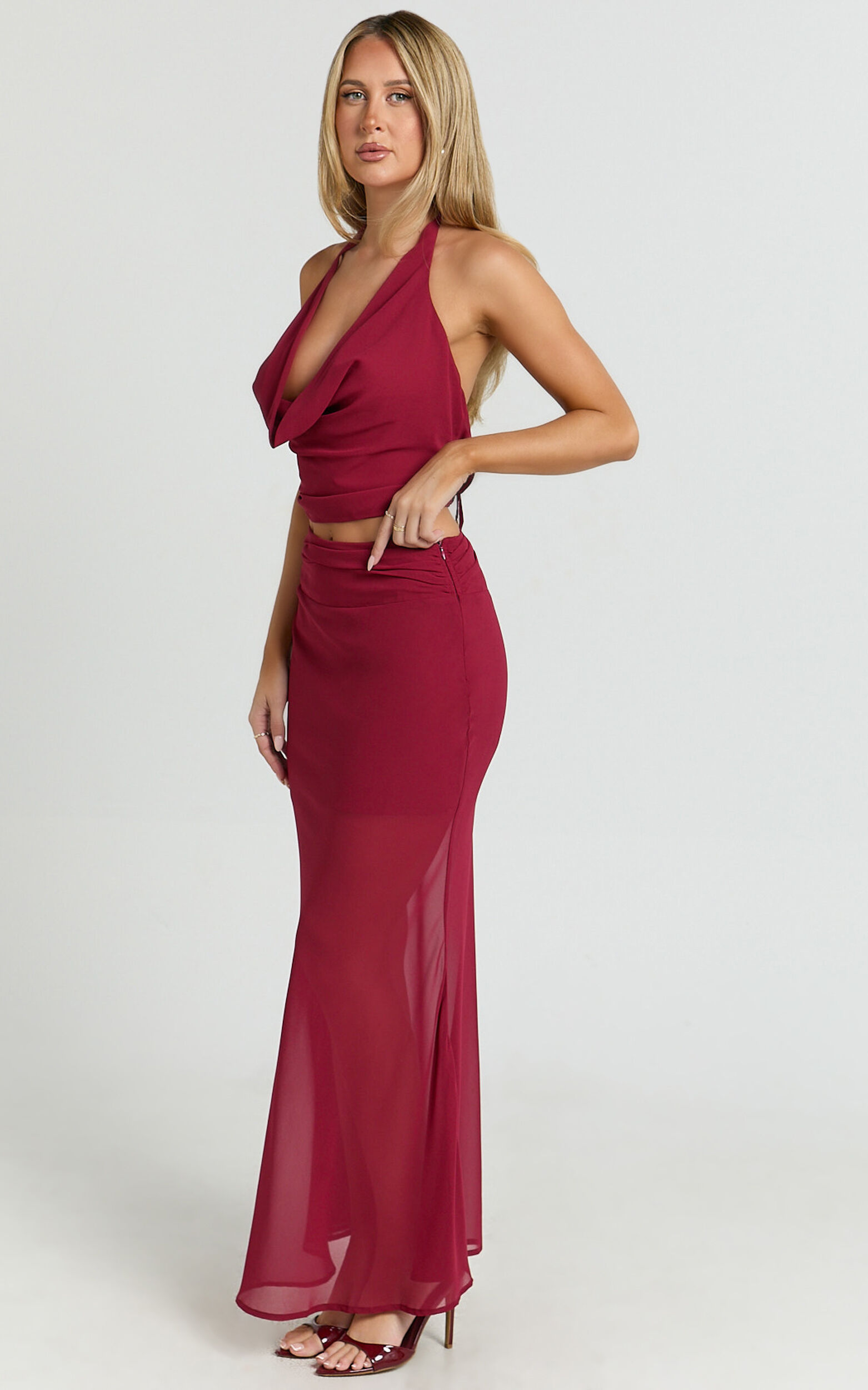 Saskia Two Piece Set - Cowl Tie Neck Top And Low Rise Maxi Skirt in Dark Red