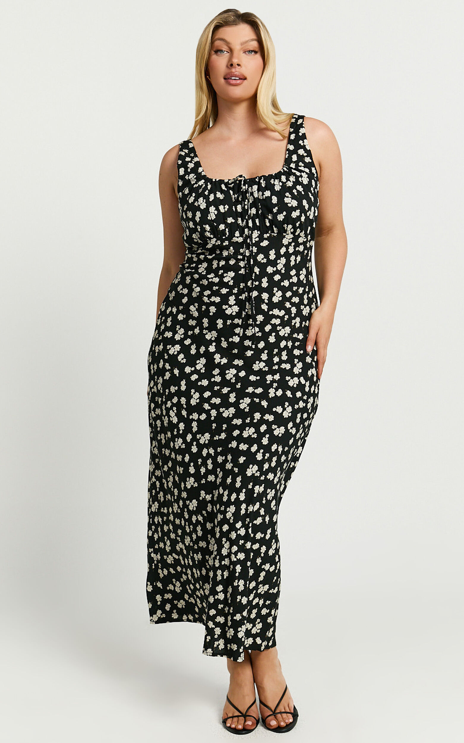 Elanora Midi Dress - Scoop Neck Keyhole Front Empire Waist Bias Cut Slip Dress in Black Wildflower