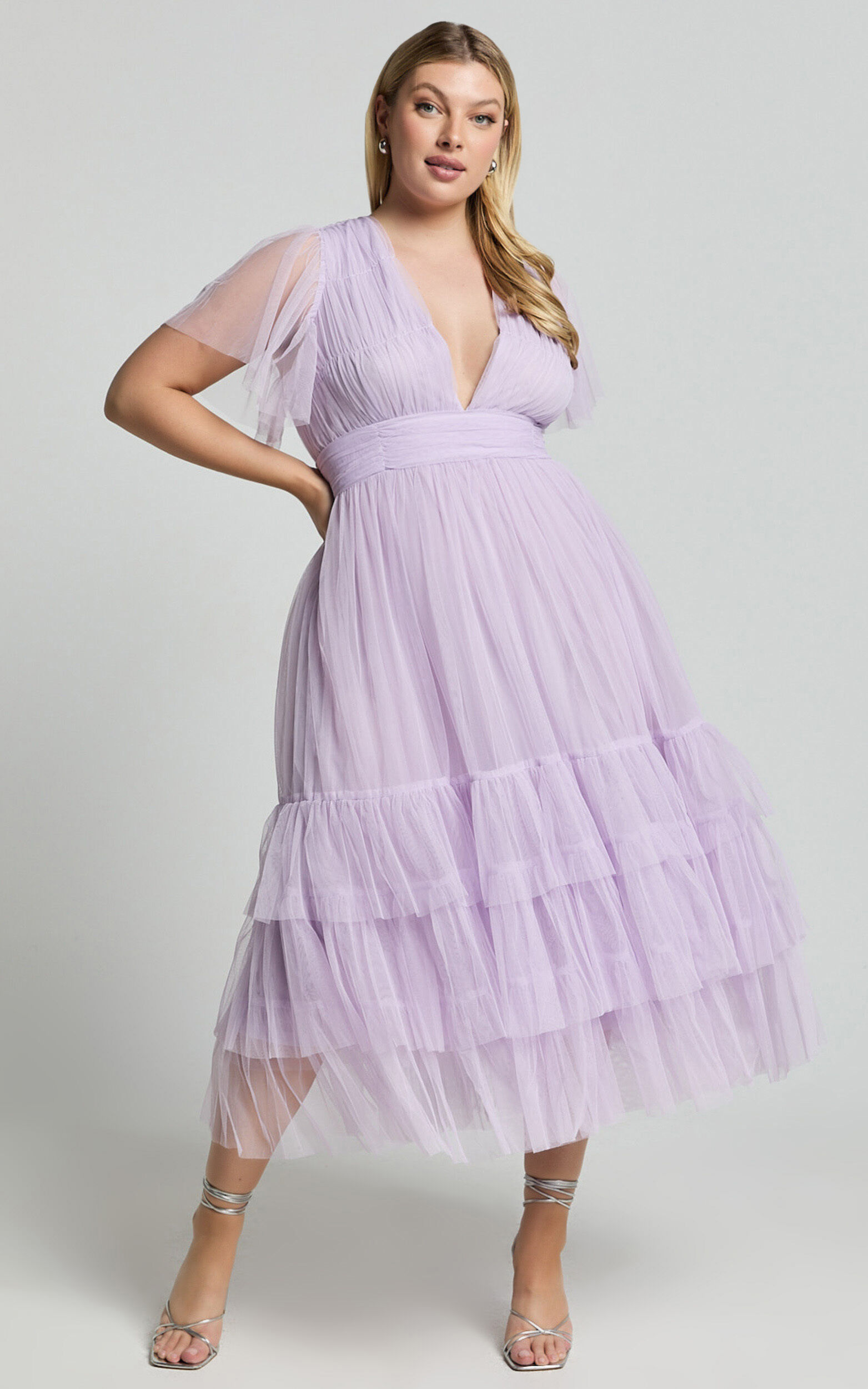 Jiraye Midi Dress - Flutter Sleeve Tuelle Plunge Dress in Lilac