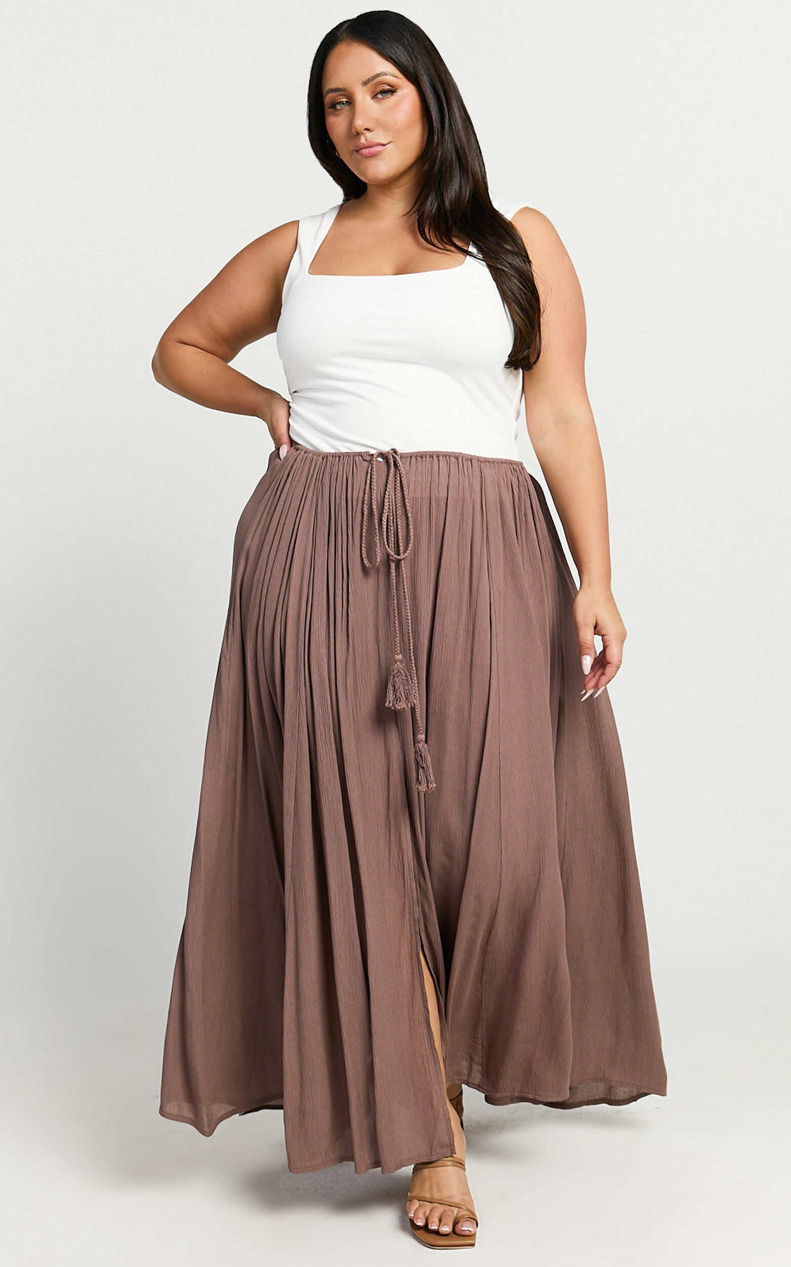 Under The Twilight Maxi Skirt - Thigh Split Skirt in Taupe