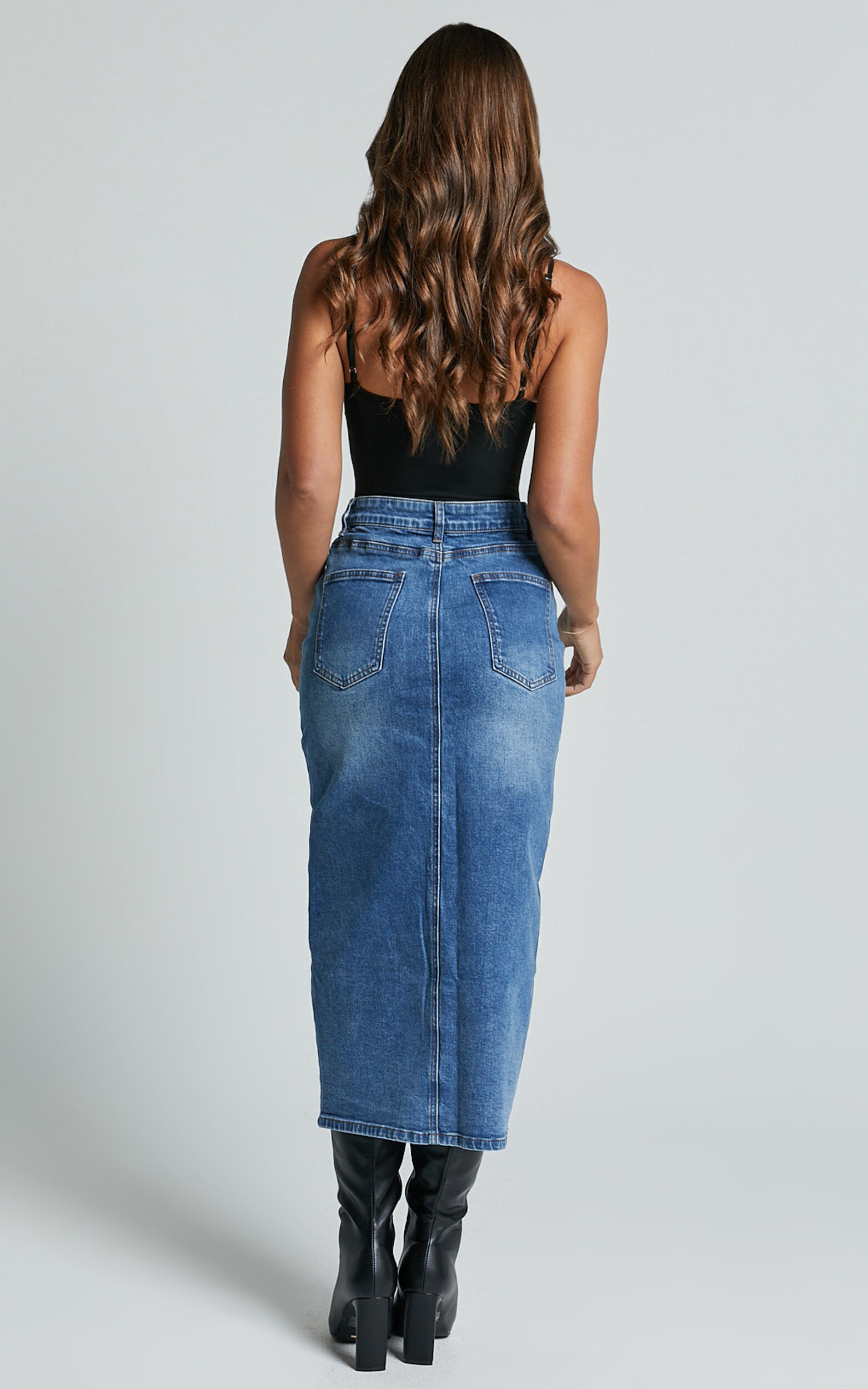 Tina Midi Skirt - High Waist Button Through Recycled Denim Skirt in Mid Blue Wash