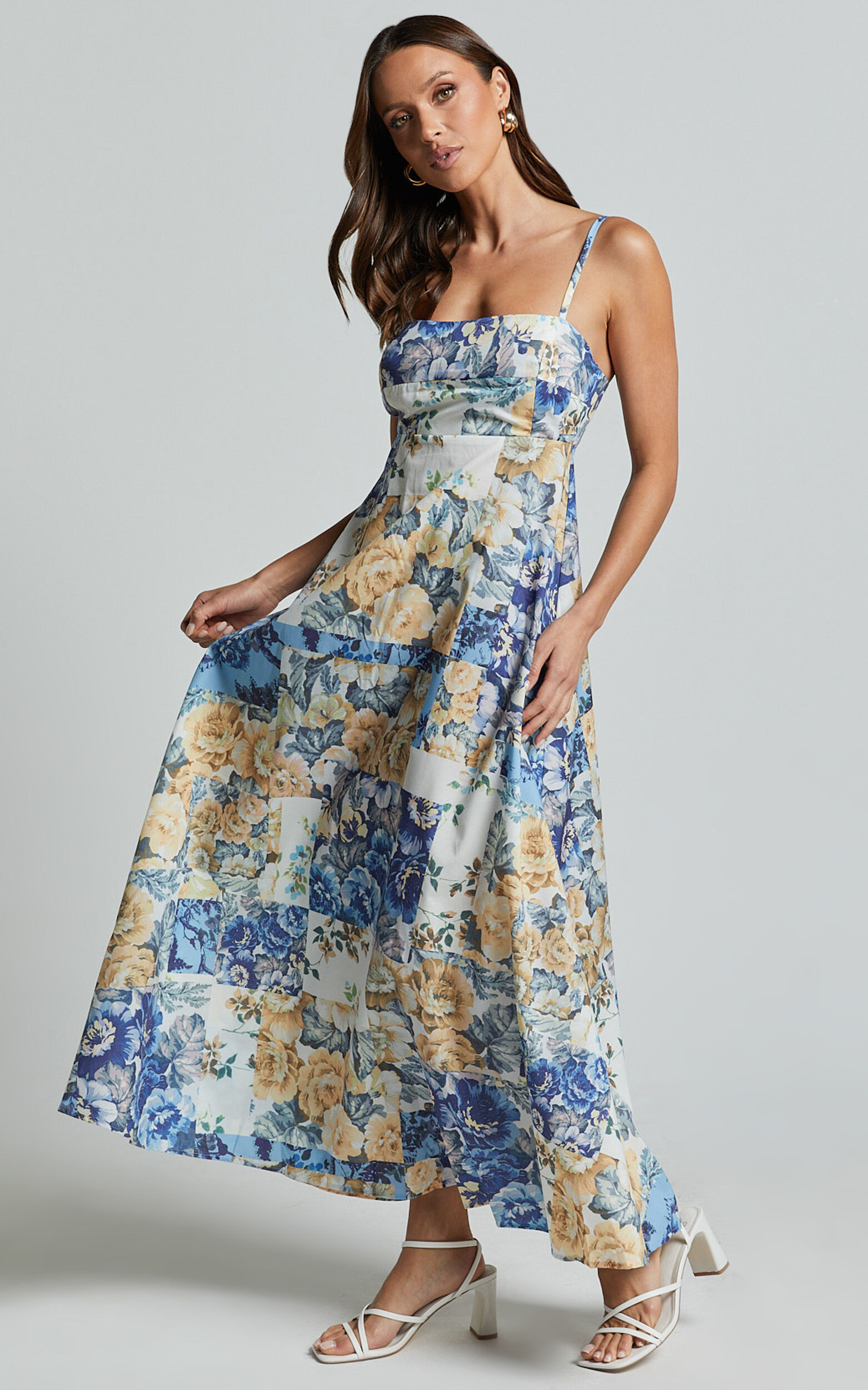 Olivia Midi Dress - Straight Neck Strappy A-Line Dress in Patchwork Floral